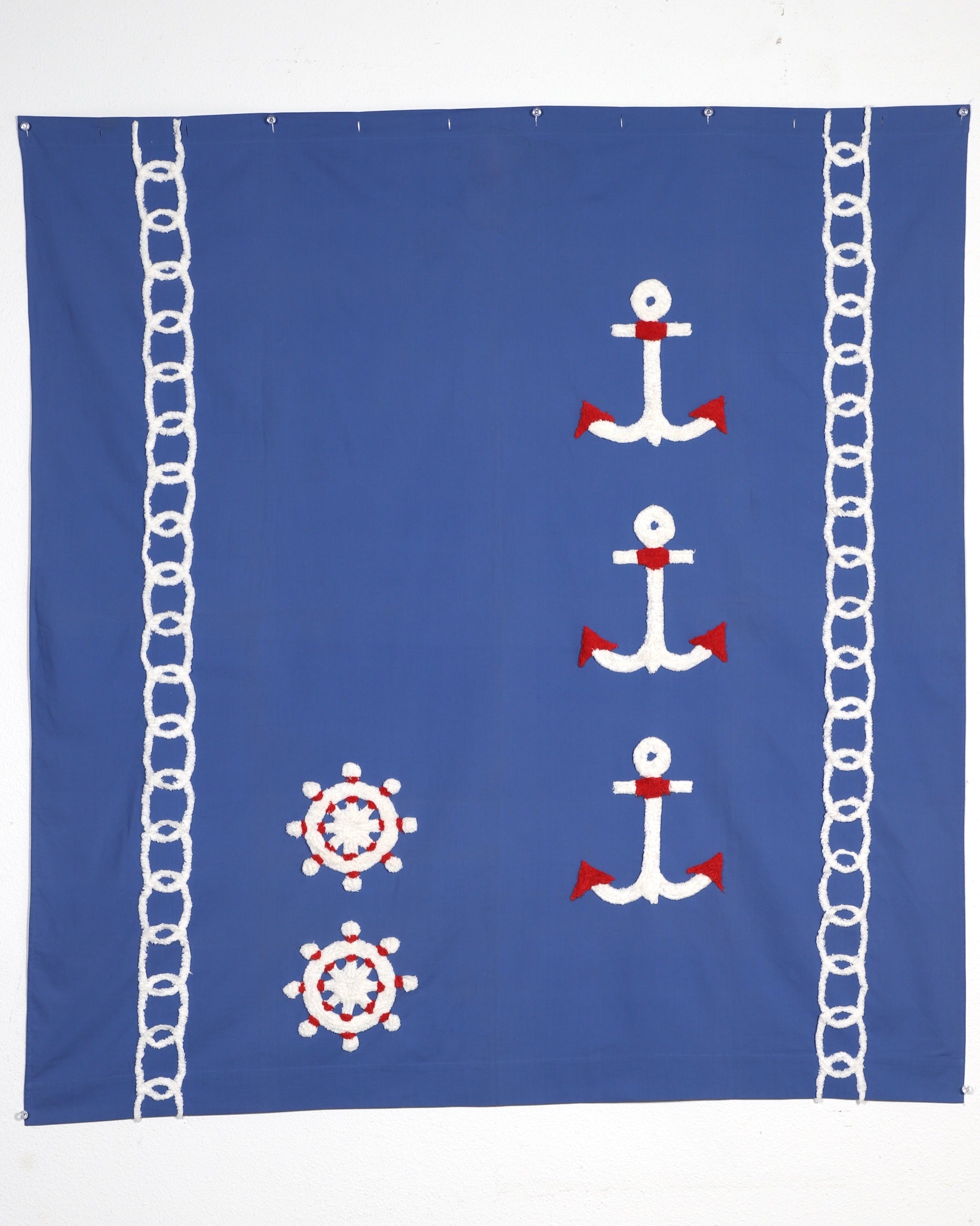 Nautical Chenille Drape – Blue with Red, White Accents (1950s-60s)