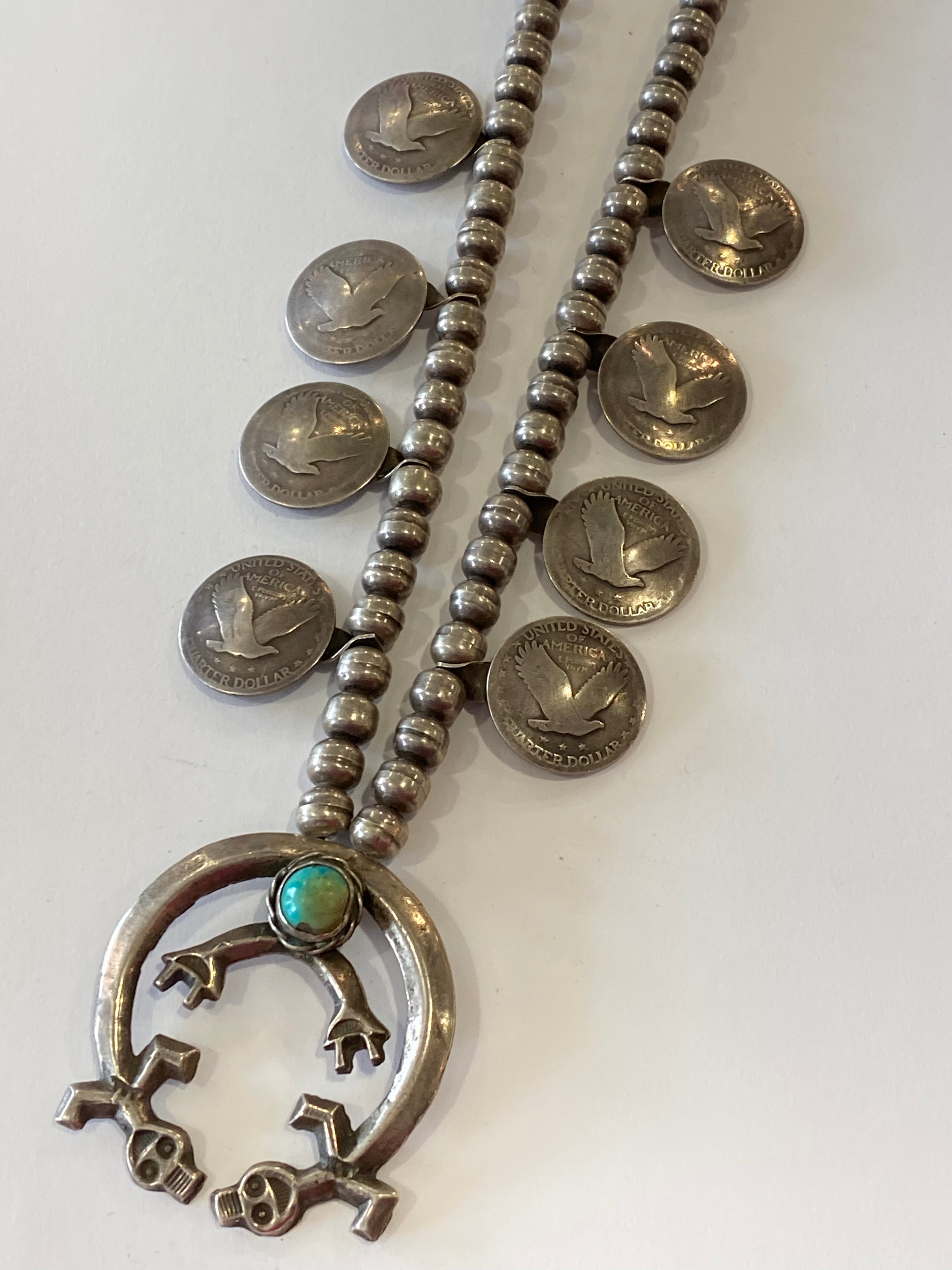 Navajo 1950s Squash Blossom Necklace with Turquoise and Pre-1930s Silver Quarter Dollars