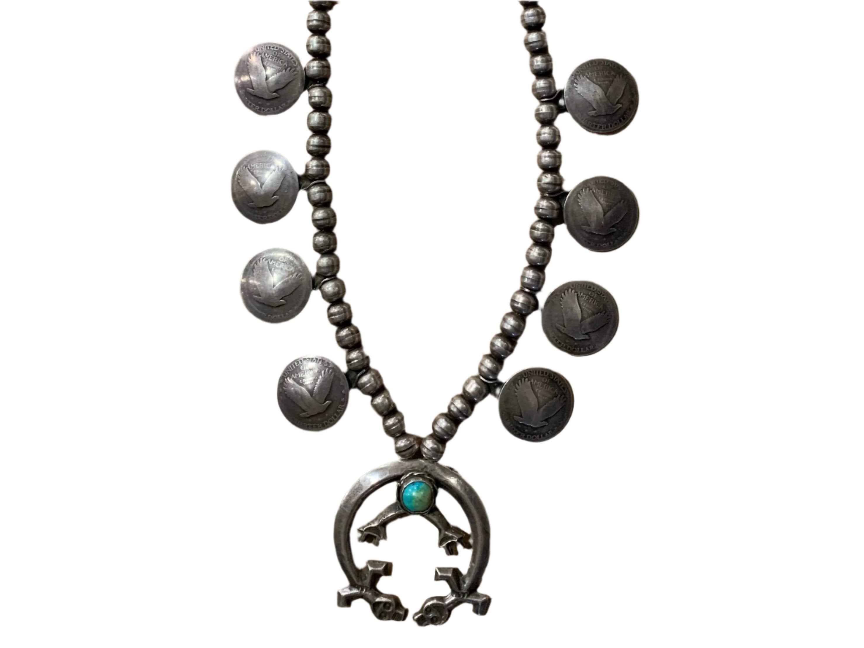 NAVAJO LeonKurley スカッシュブロッサム OLD VINTAGE Vintage 1950s Navajo Squash Blossom Necklace with Turquoise