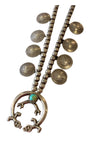 Navajo 1950s Squash Blossom Necklace with Turquoise and Pre-1930s Silver Quarter Dollars