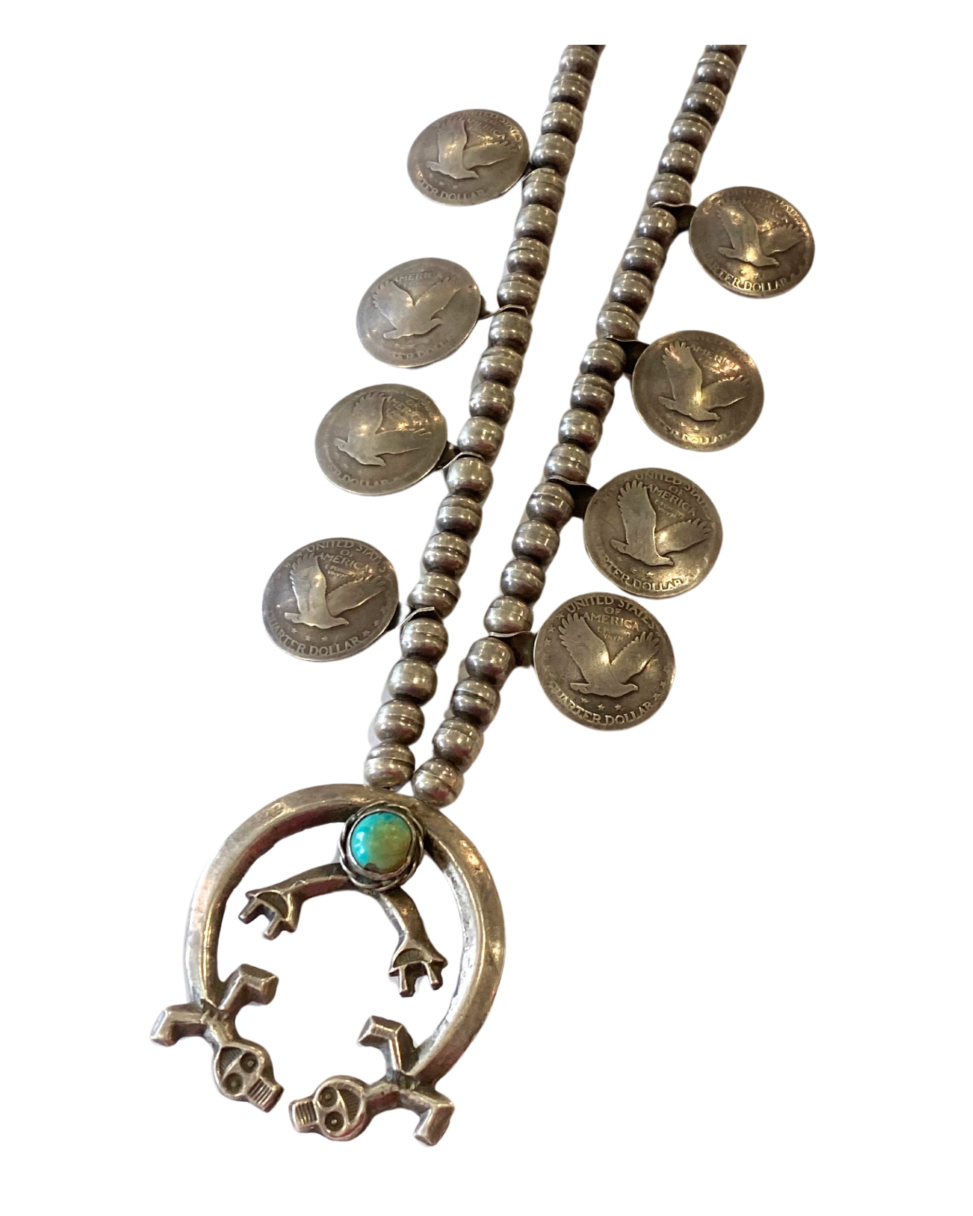 Navajo 1950s Squash Blossom Necklace with Turquoise and Pre-1930s Silver Quarter Dollars