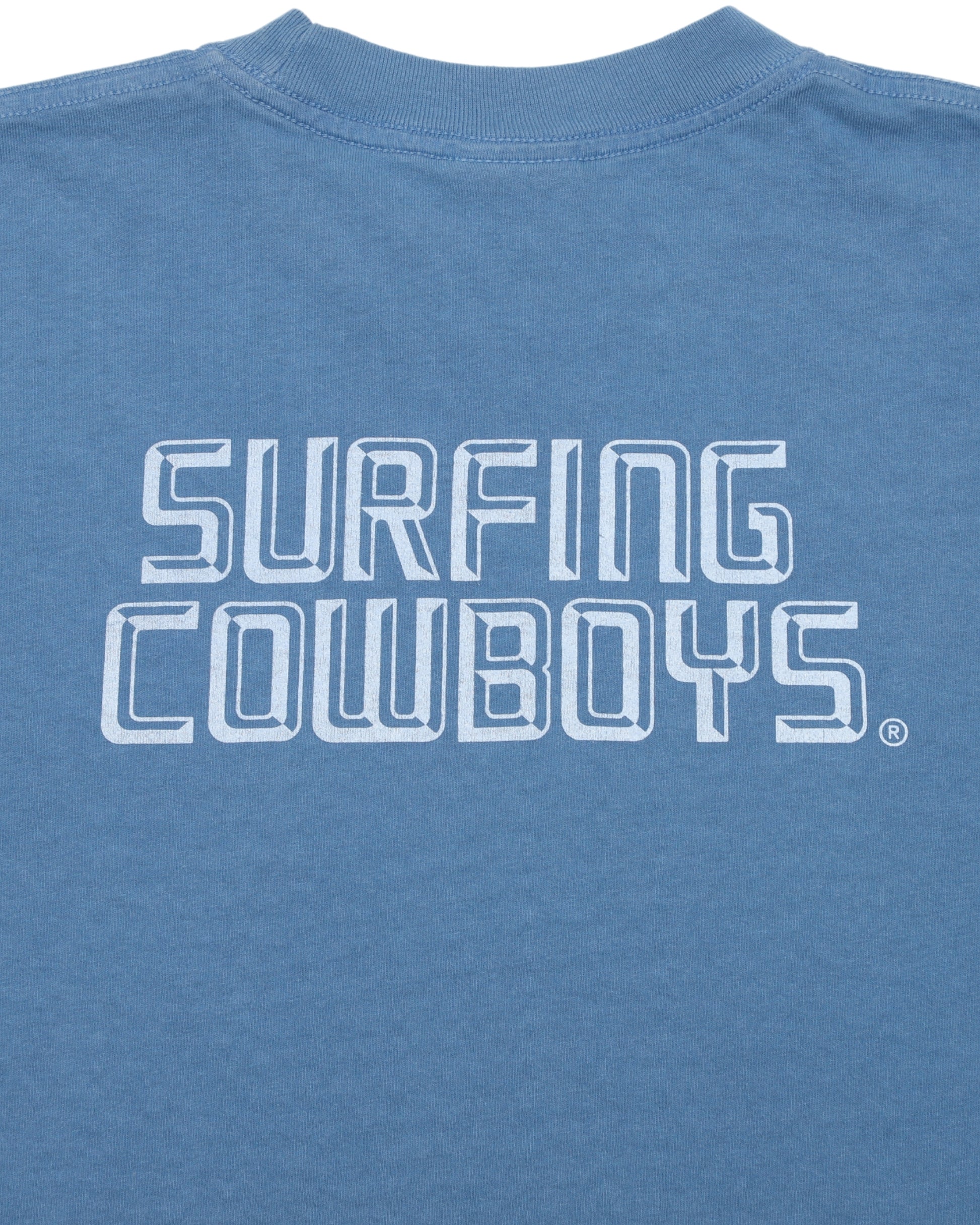 New Surfing Cowboys Logo Washed Blue Back Close Up