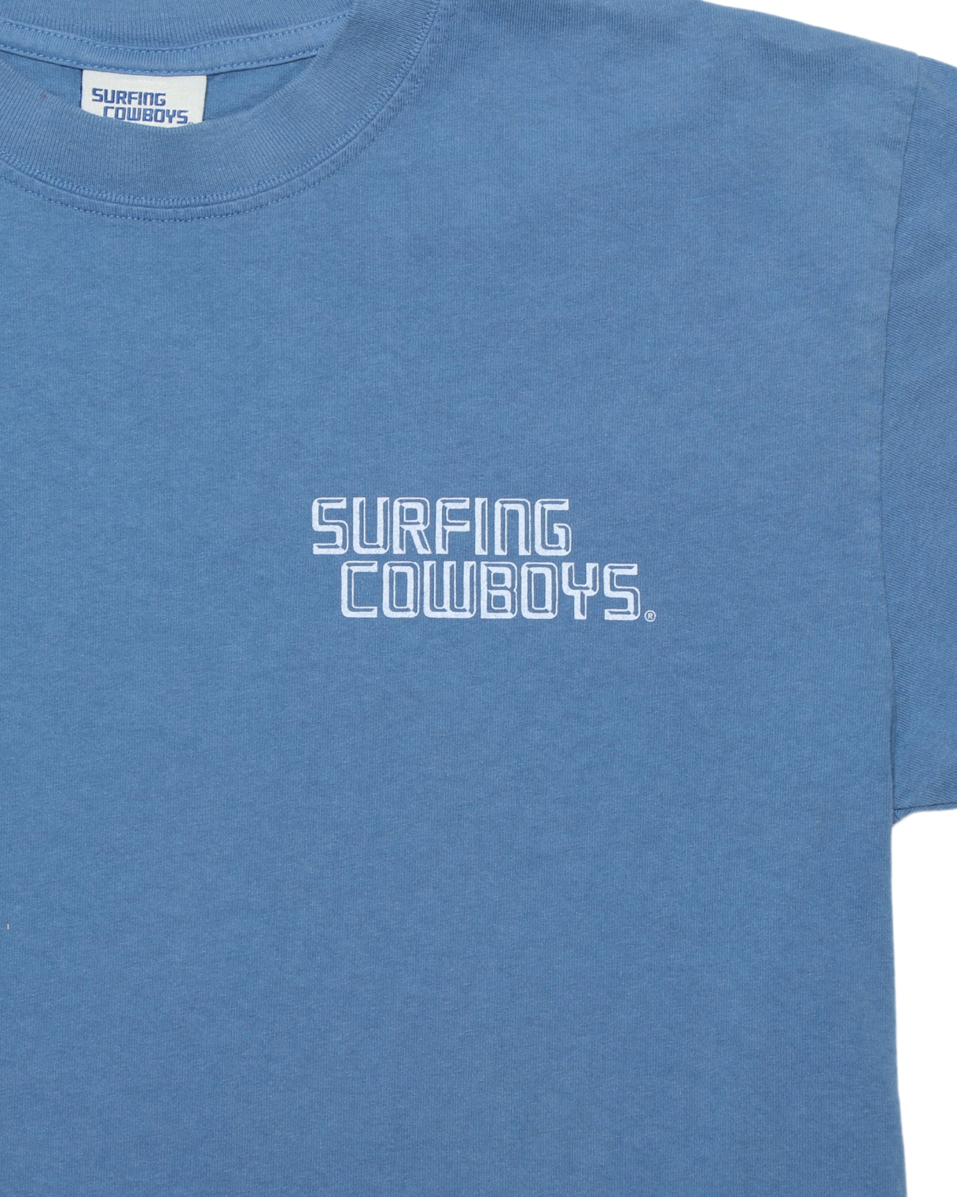 New Surfing Cowboys Logo Washed Blue Front Close Up