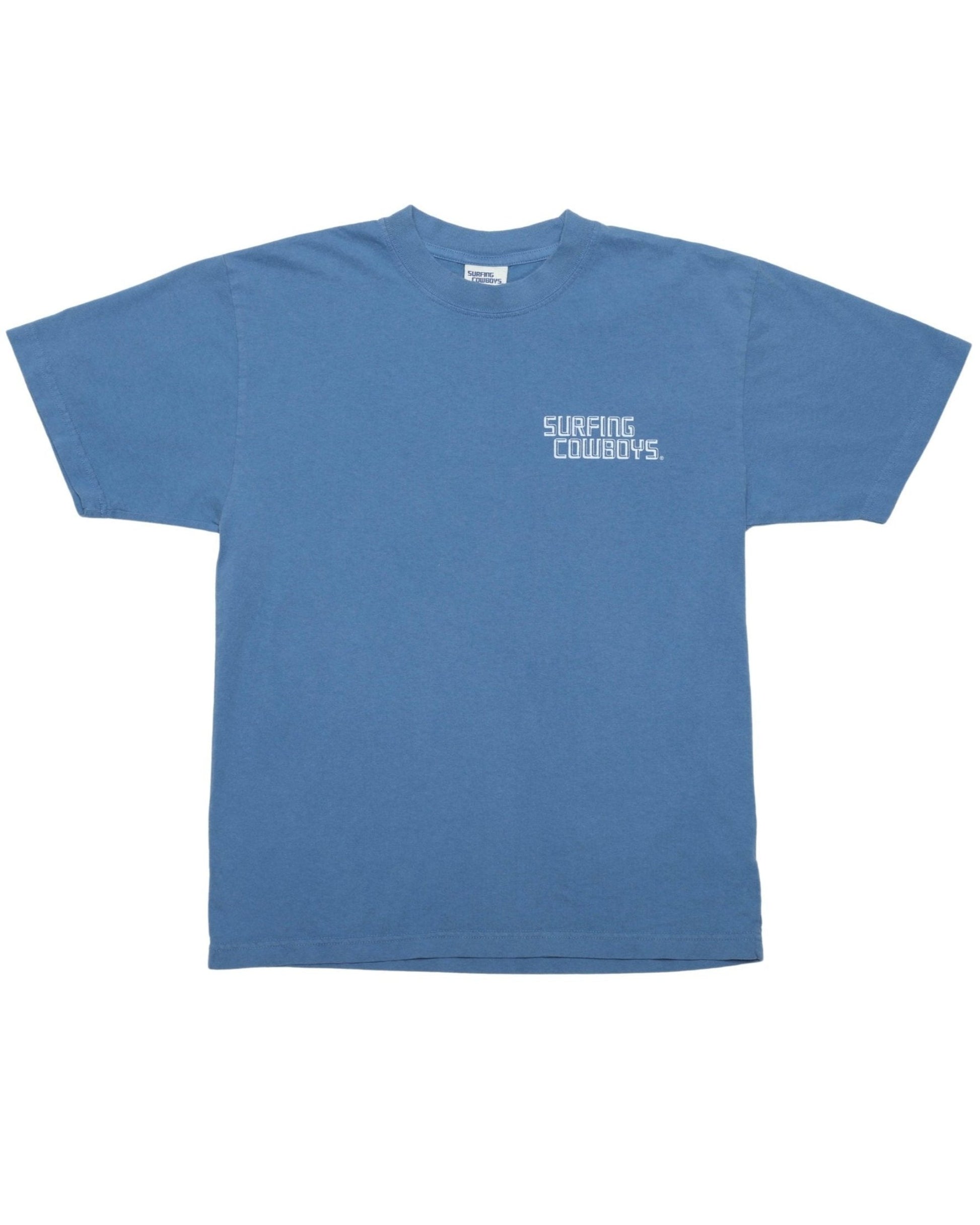 New Surfing Cowboys Logo Washed Blue Front View