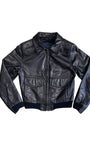 Front of black 1980s North Beach Leather jacket with zip closure.