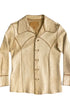 Front view of vintage 1970s North Beach Leather buckskin shirt-jacket with whipstitch detail.
