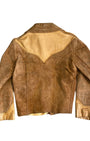 Back view of 1970s North Beach Leather jacket in brown suede and tan leather with Western yoke detailing.