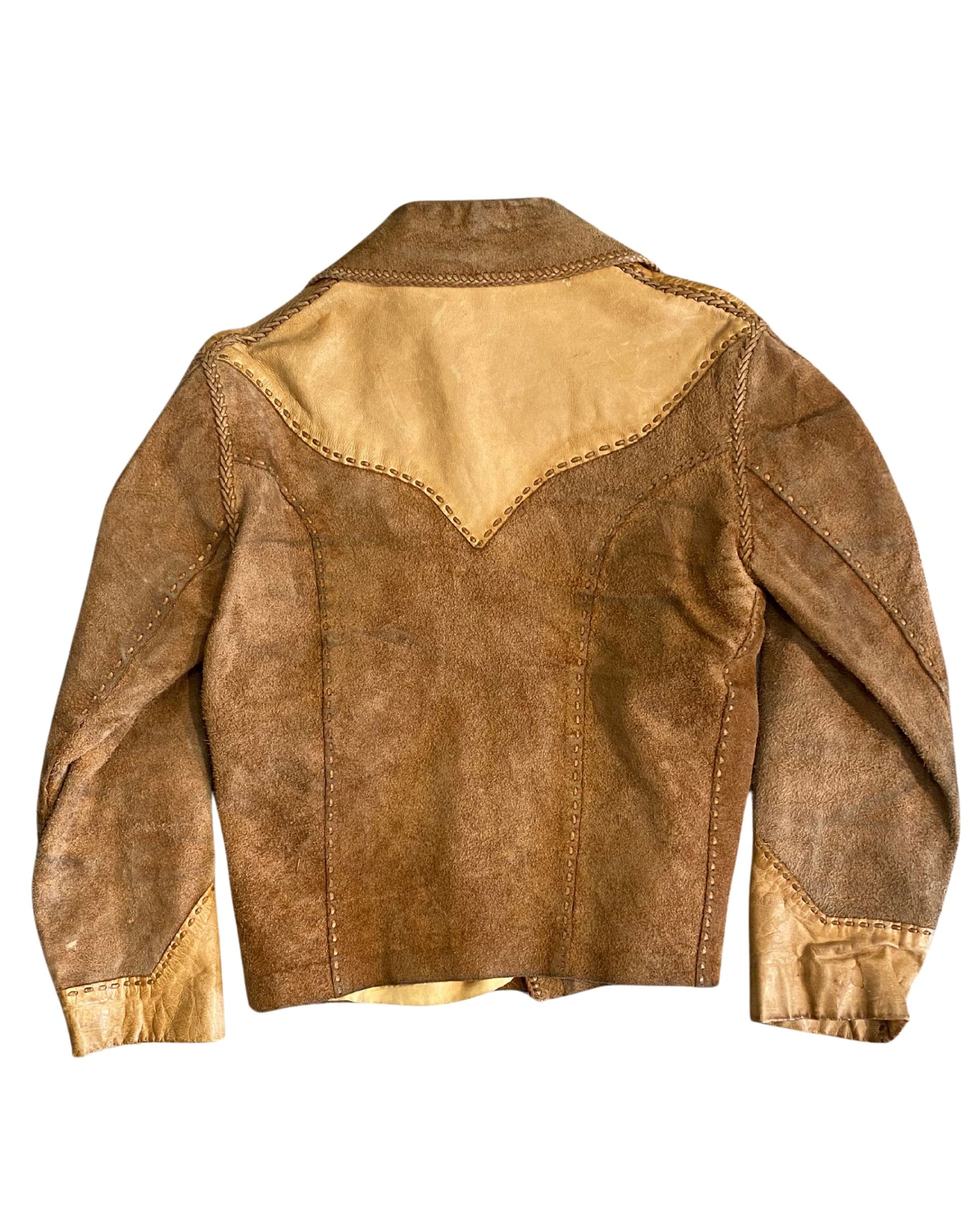 Back view of 1970s North Beach Leather jacket in brown suede and tan leather with Western yoke detailing.