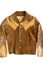 Front view of 1970s North Beach Leather women’s jacket in two-tone suede and leather with whipstitch trim.