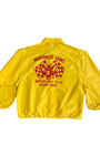 Back view of yellow jacket with red ram and checkered flag logo.
