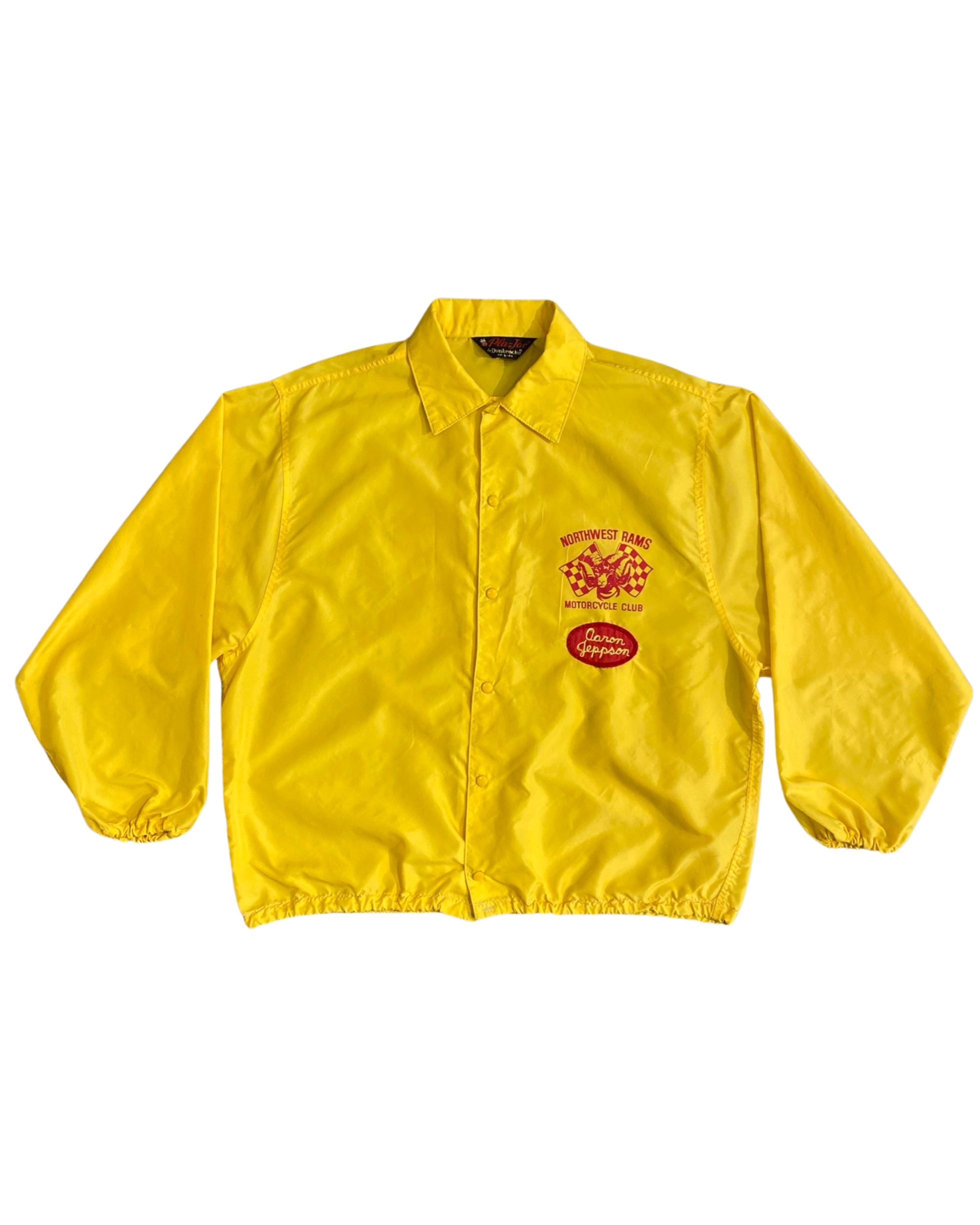 Front view of yellow Northwest Rams Motorcycle Club vintage jacket.
