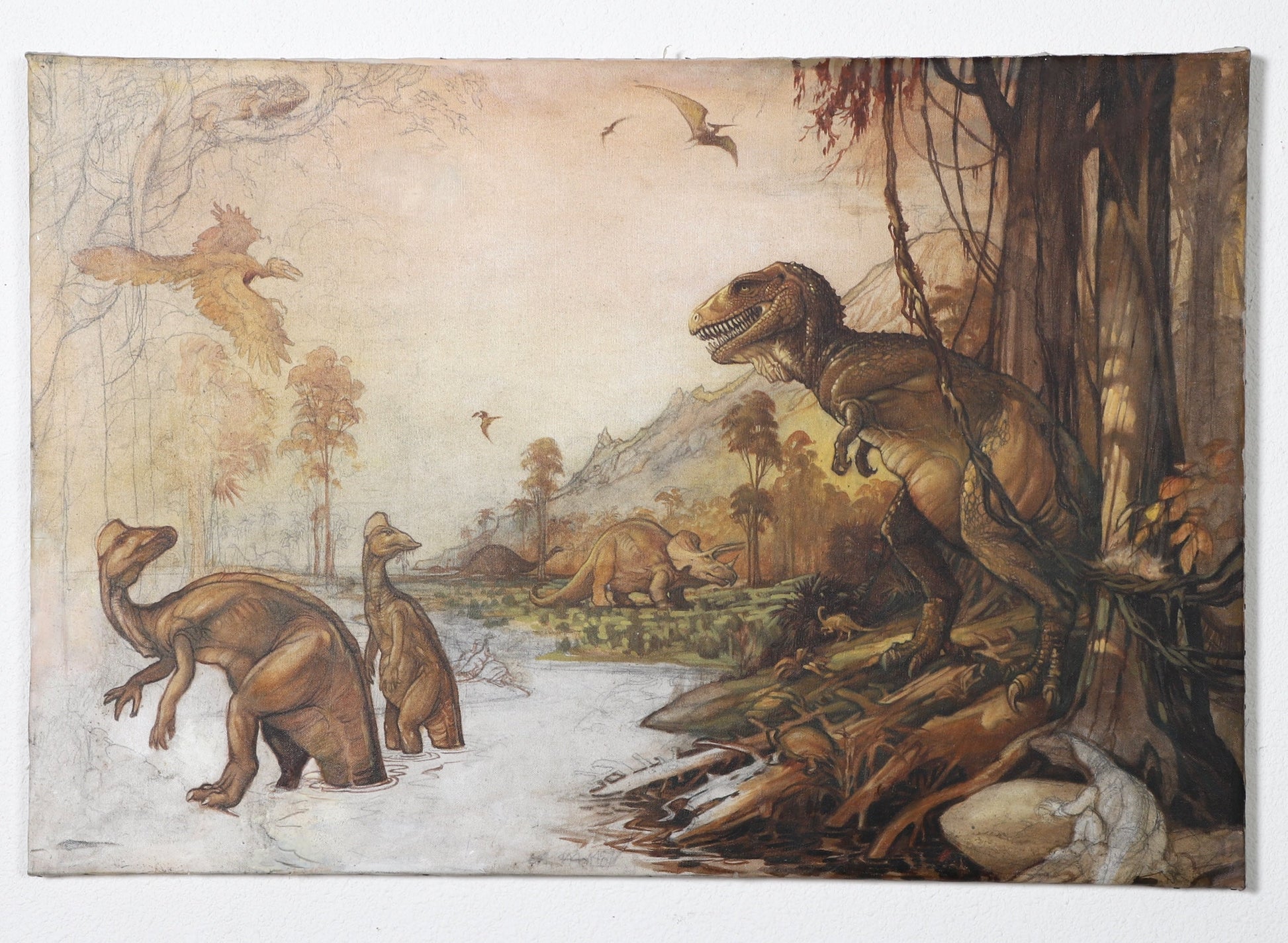 Original 1970s Vintage Dinosaur Fantasy World Painting by Bill Ogden
