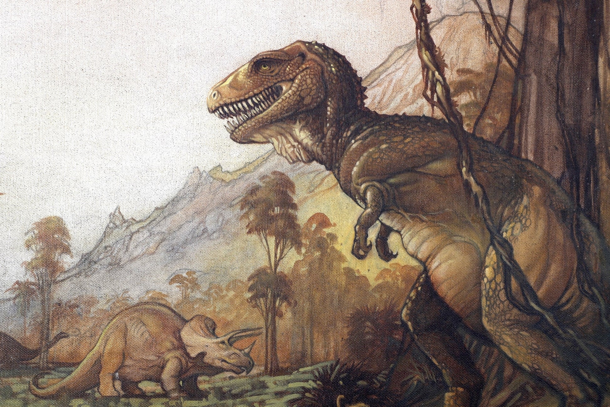 Original 1970s Vintage Dinosaur Fantasy World Painting by Bill Ogden Full View