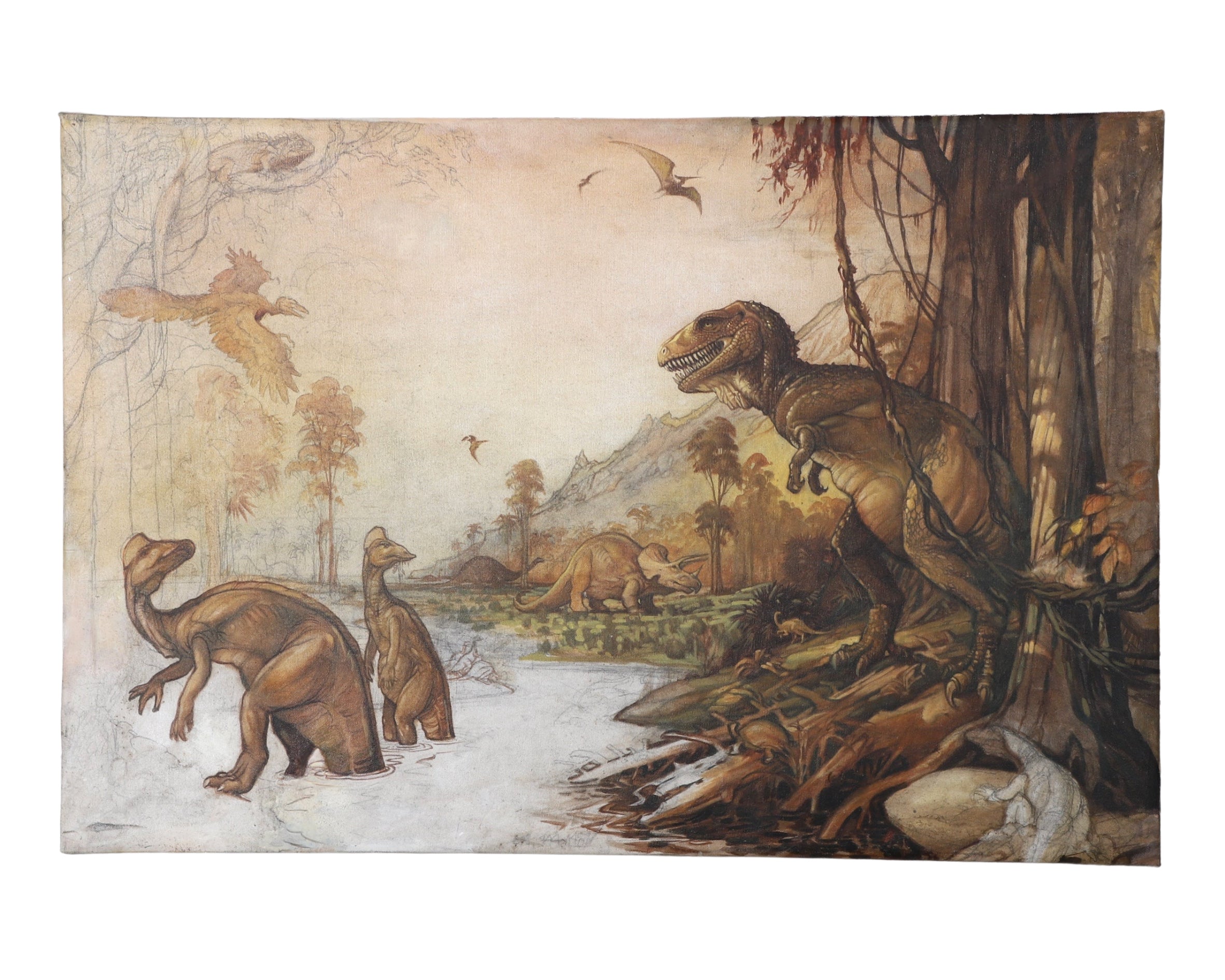 Original 1970s Vintage Dinosaur Fantasy World Painting by Bill Ogden Full View