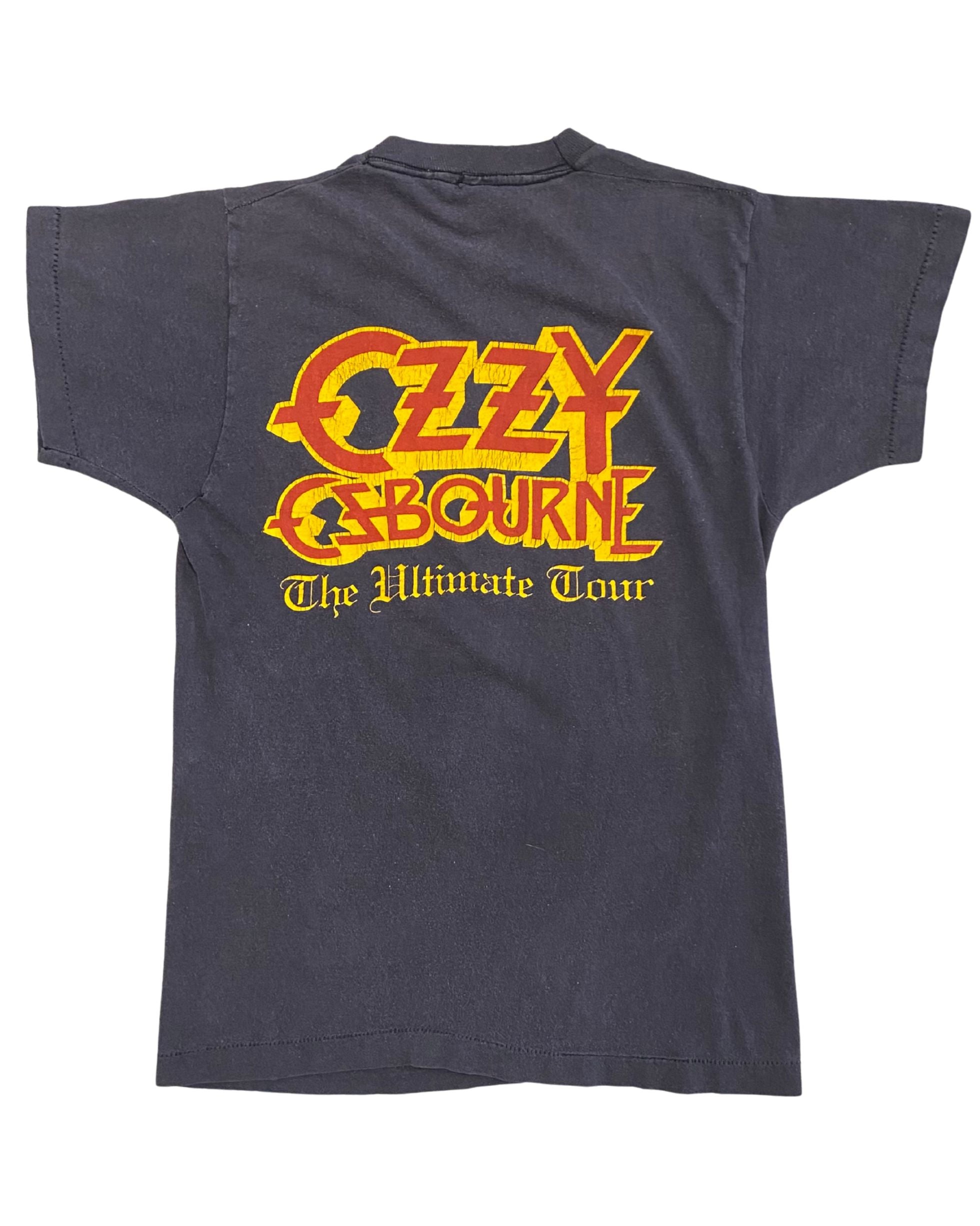 Front of 1986 Ozzy Osbourne Ultimate Tour T-shirt with graphic of Ozzy in white robe.