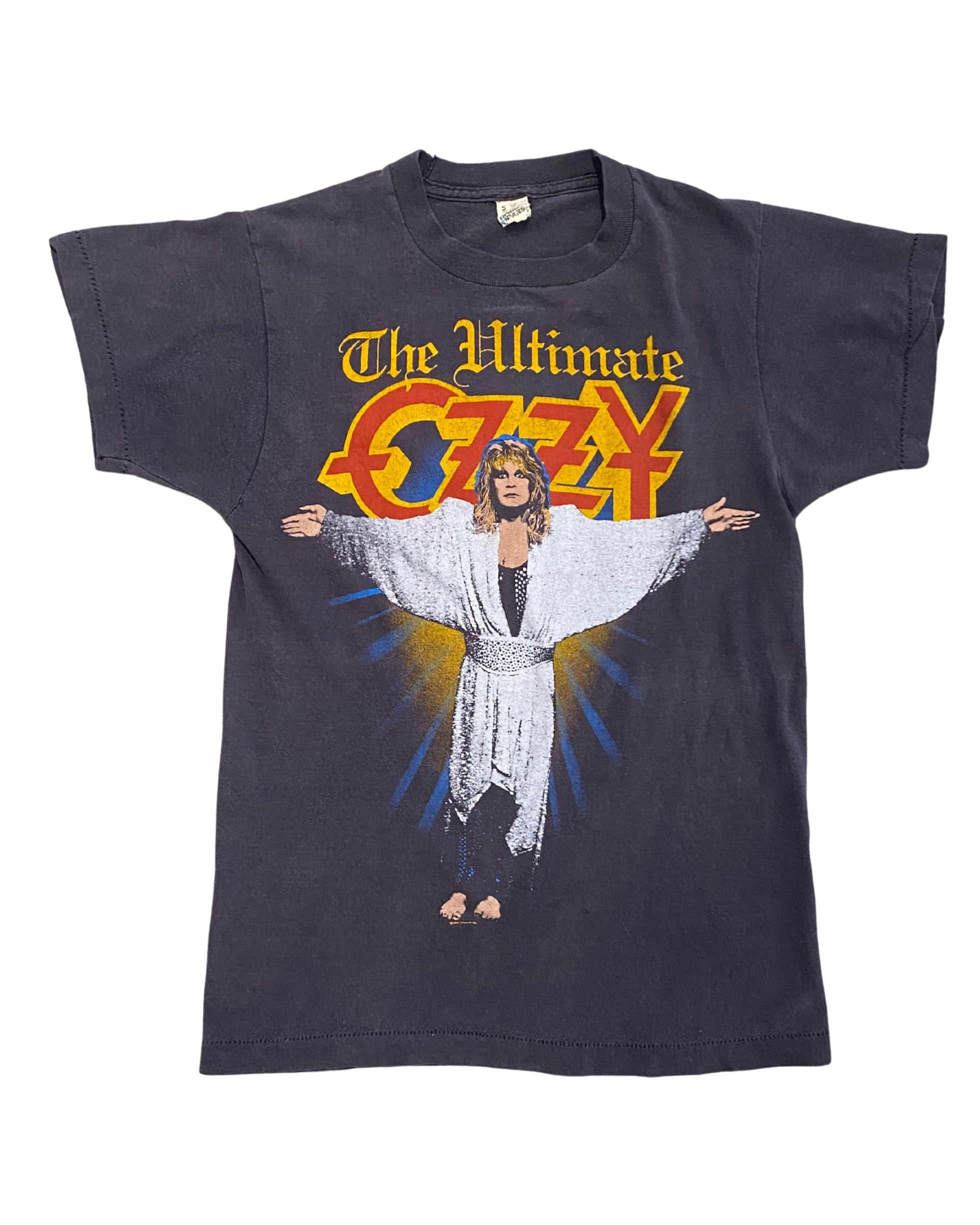 Front of 1986 Ozzy Osbourne Ultimate Tour T-shirt with graphic of Ozzy in white robe.