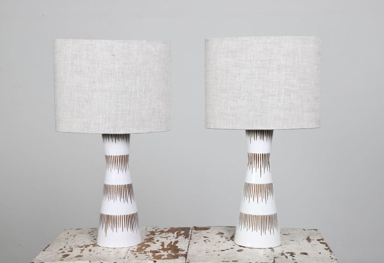 MidCentury Ceramic Table Lamp White Glaze Linen Shades Pair