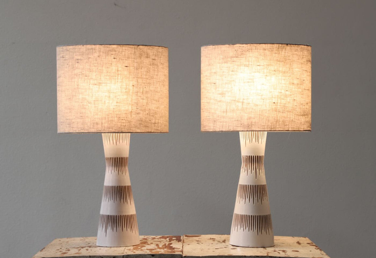 MidCentury Ceramic Table Lamp White Glaze Linen Shades Pair