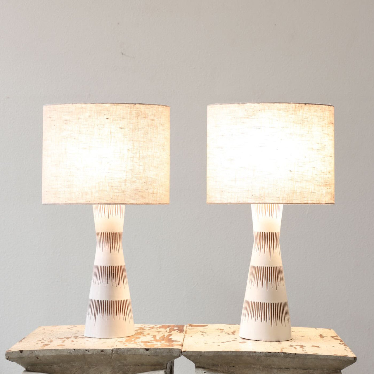 MidCentury Ceramic Table Lamp White Glaze Linen Shades Pair