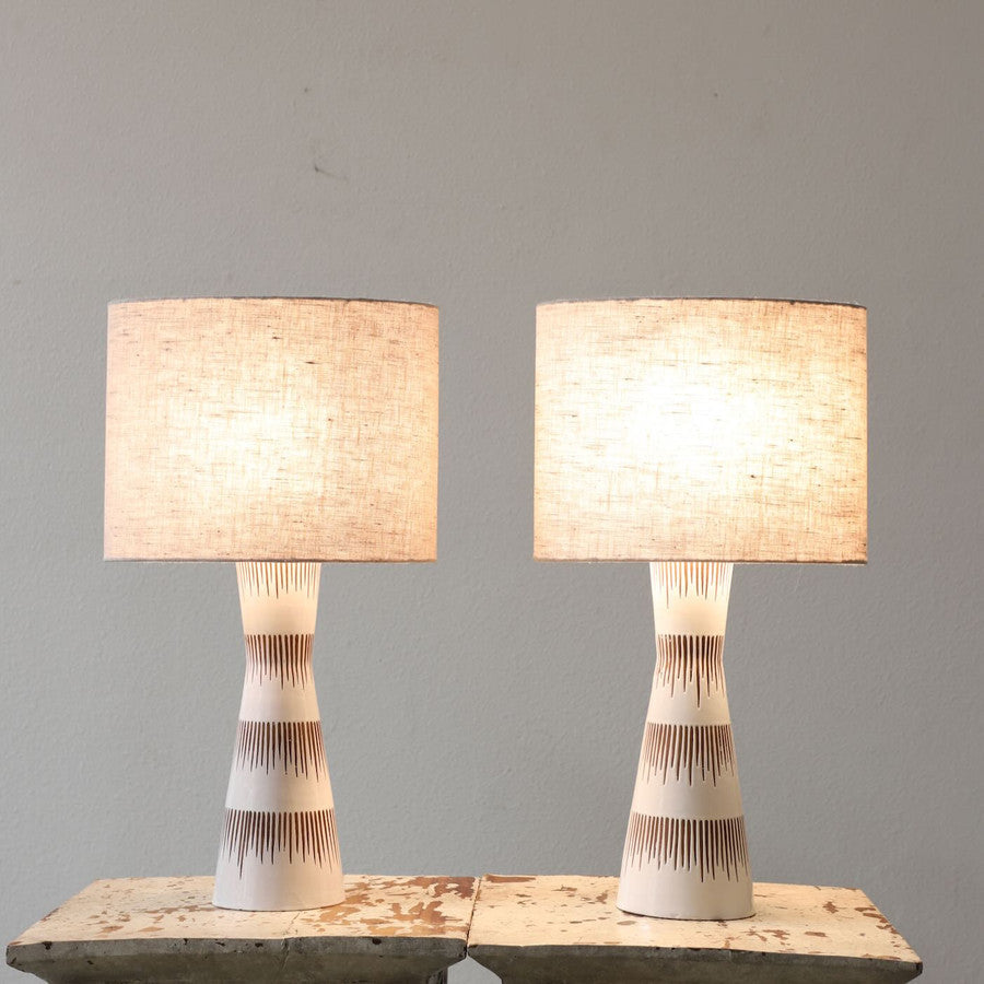 PAIR of Ceramic Table Lamp White Glaze Linen Shades Pair View