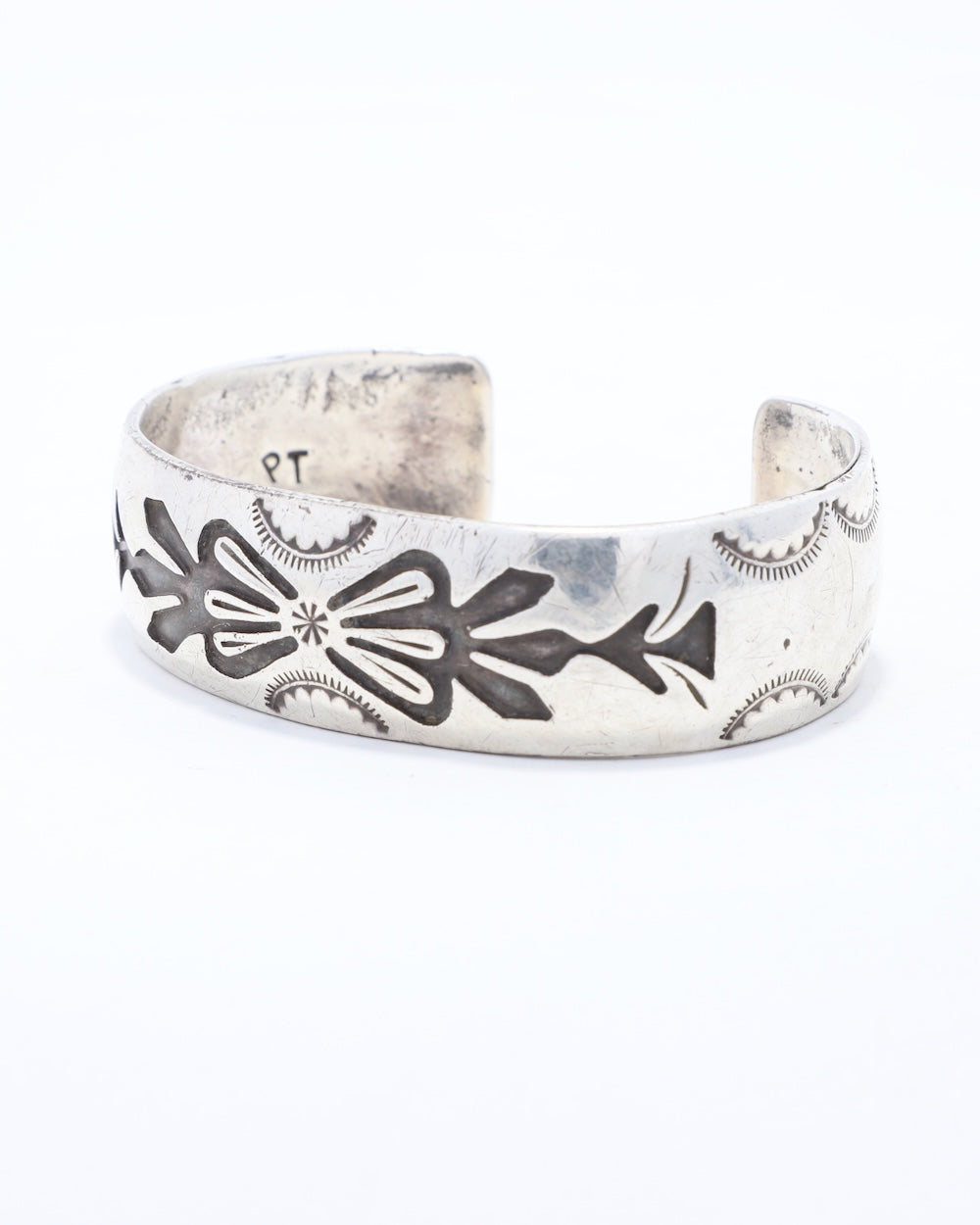 Wide Sterling Cuff with Stamping marked PT on white background