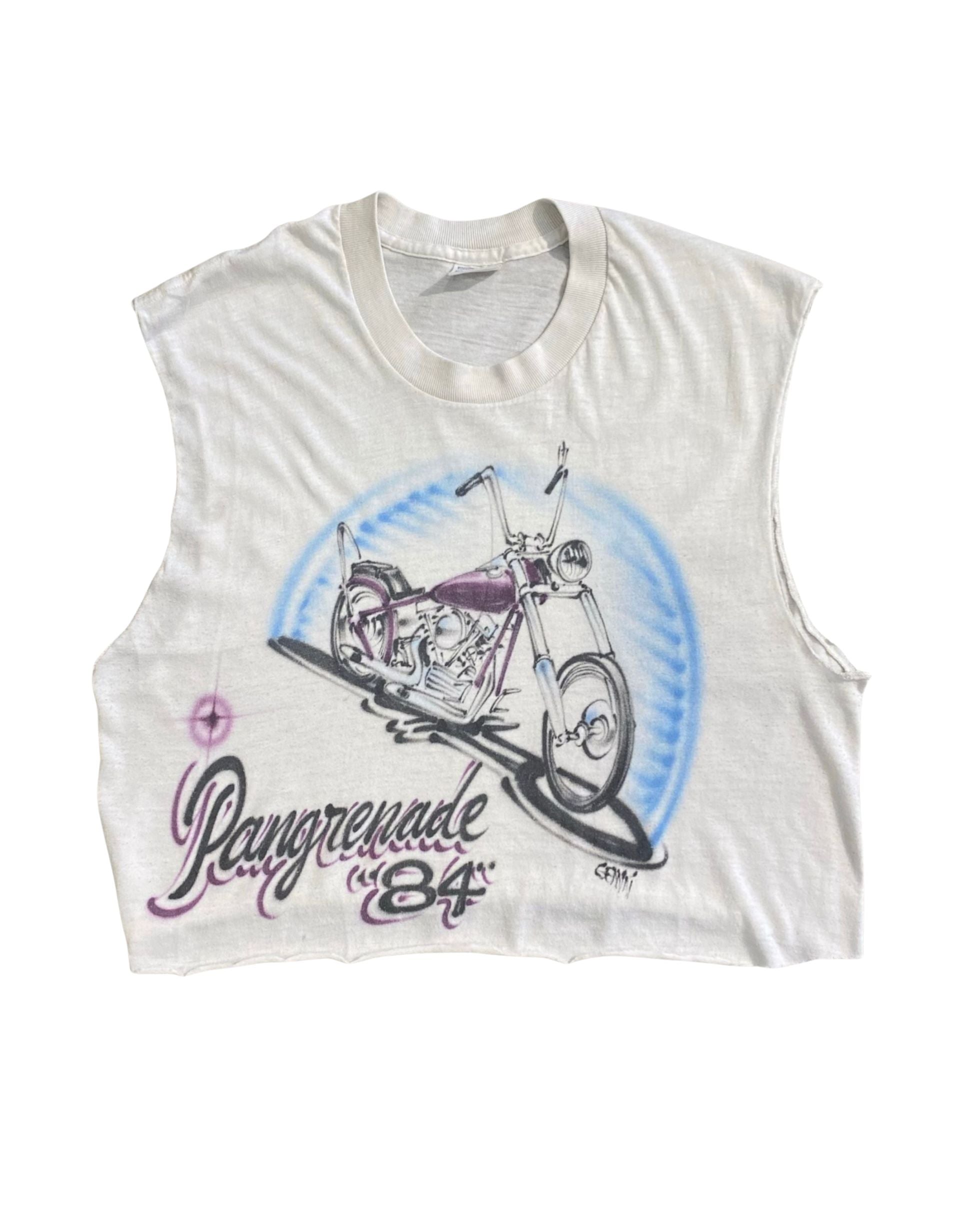 White sleeveless shirt with motorcycle graphic and 'Pang Grenade '84' text on a white background