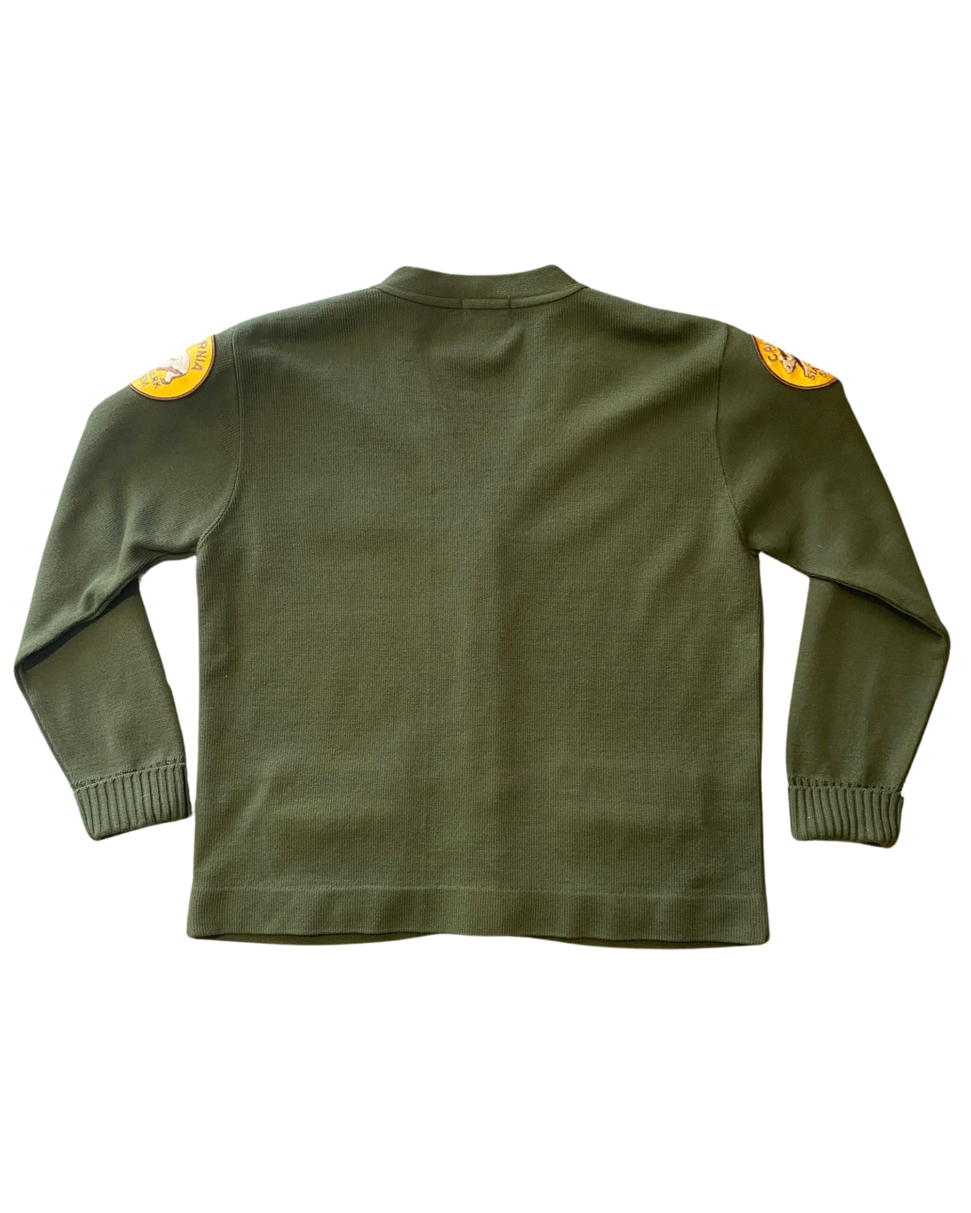 Back view of vintage army green Park Ranger cardigan.