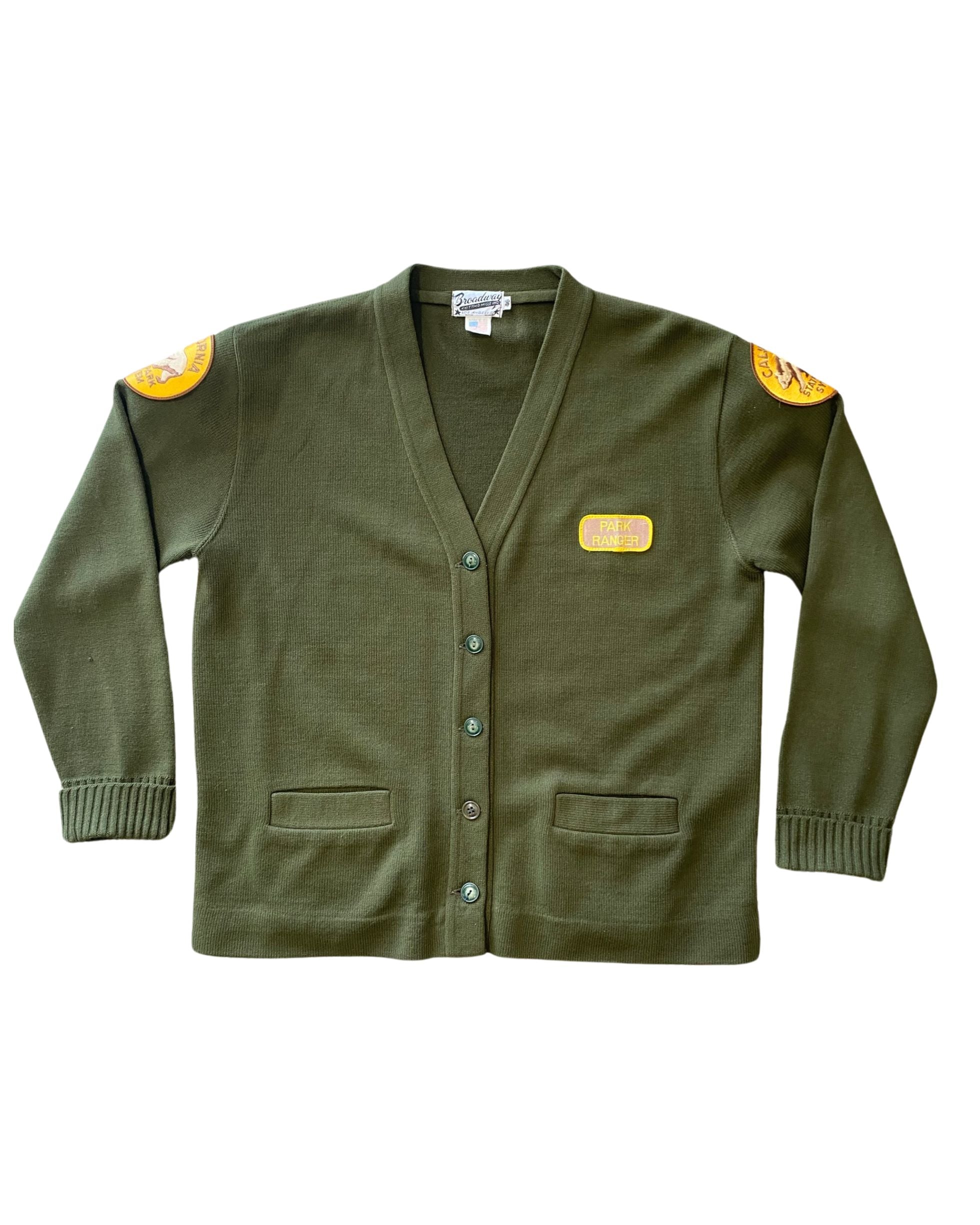  Front view of vintage 1960s California Park Ranger cardigan in army green with yellow patch.