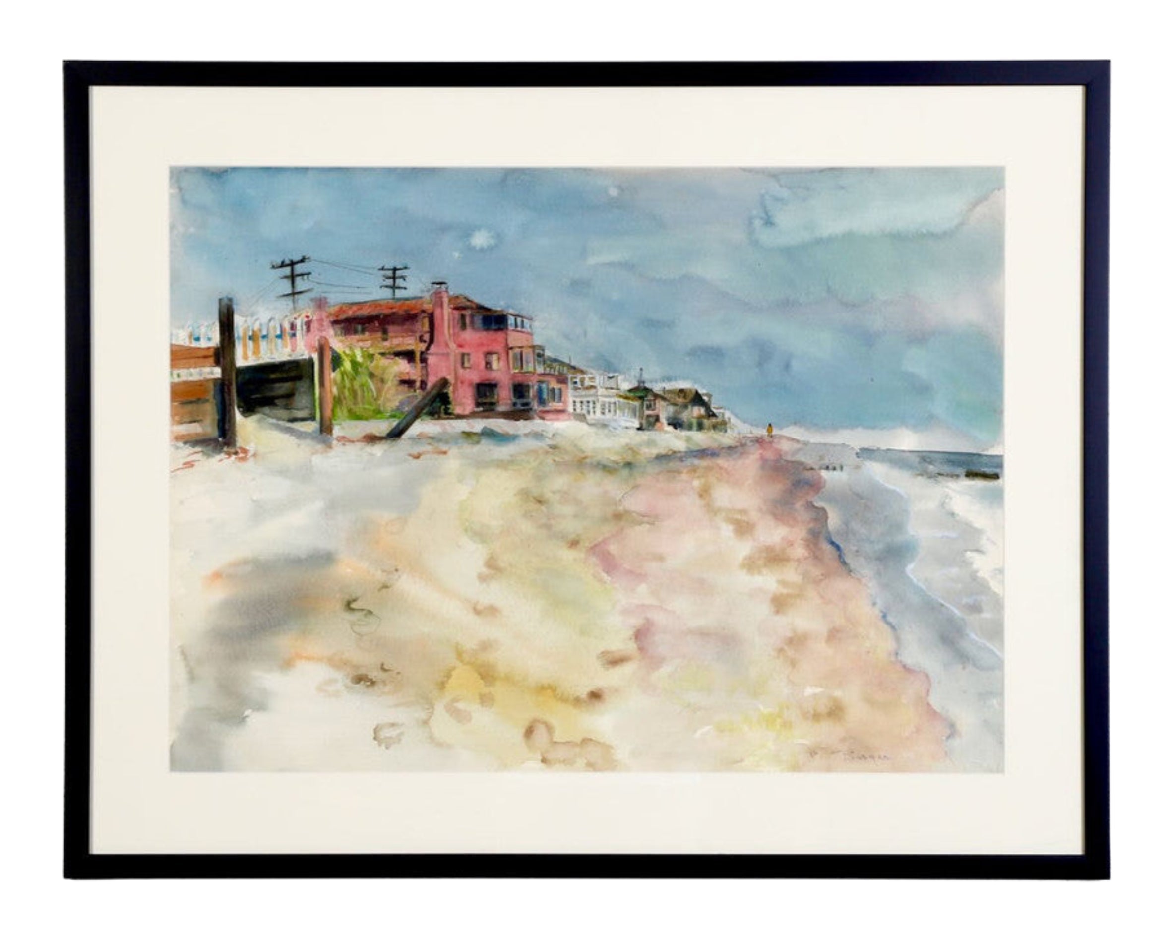 Pat Berger Original Watercolor of Malibu Coast 1950s Full View