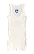 Back view of Surfing Cowboys Peace Flag women's tank top in ribbed white cotton. Screen printed graphic in red, white, and blue.