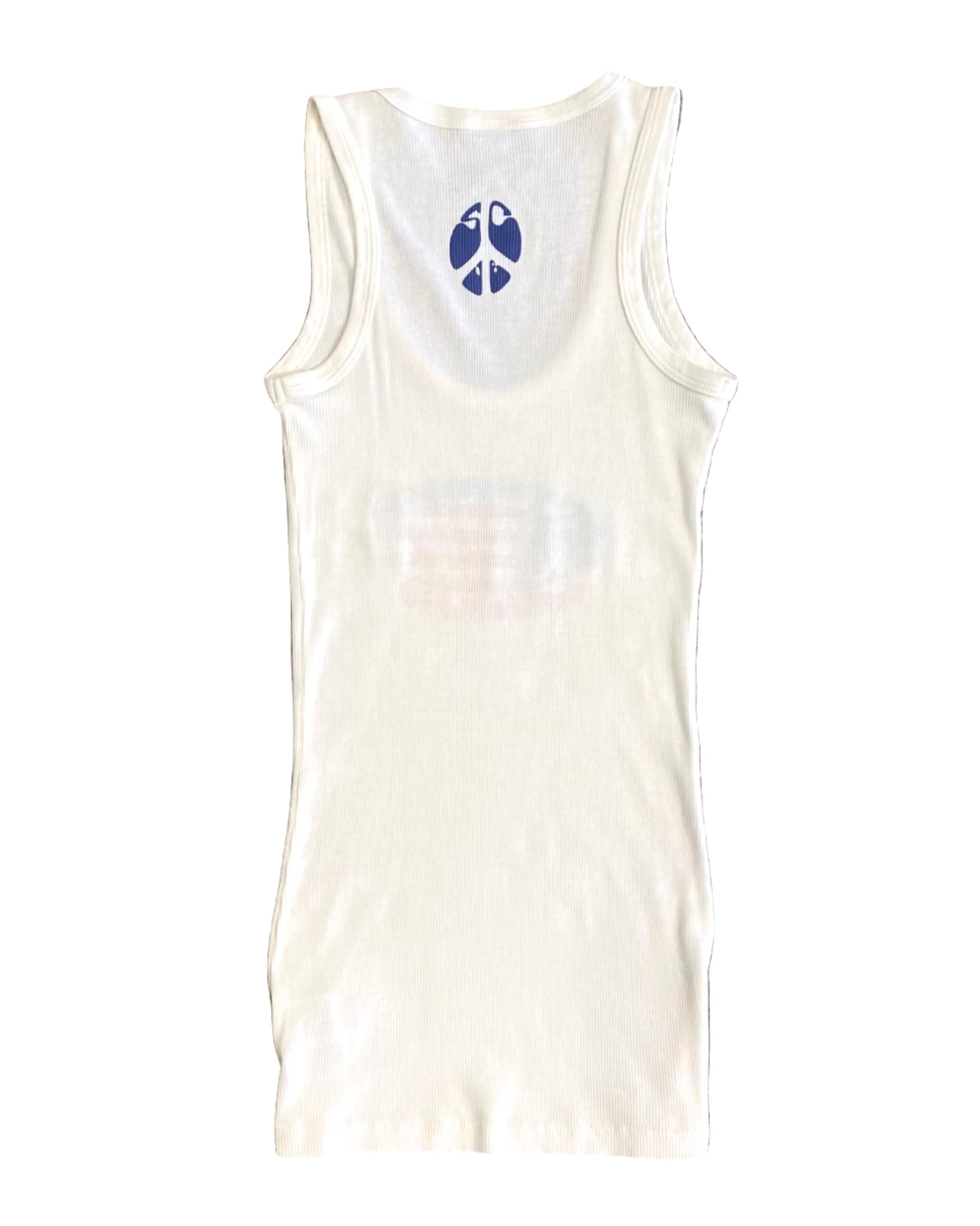 Back view of Surfing Cowboys Peace Flag women's tank top in ribbed white cotton. Screen printed graphic in red, white, and blue.