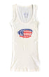 Front view of Surfing Cowboys Peace Flag women's tank top in ribbed white cotton. Screen printed graphic in red, white, and blue.