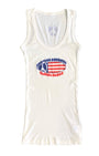 Front view of Surfing Cowboys Peace Flag women's tank top in ribbed white cotton. Screen printed graphic in red, white, and blue.