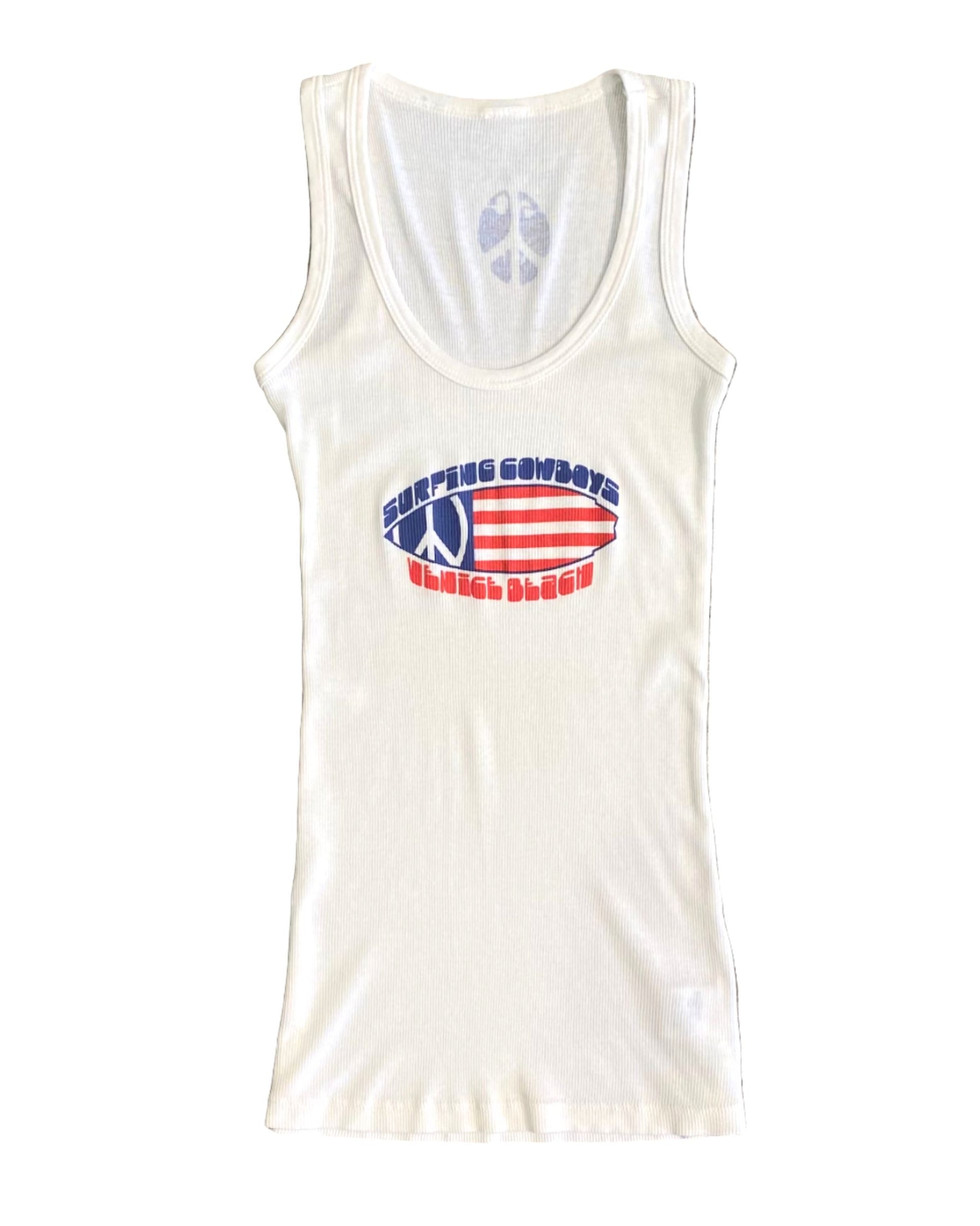 Front view of Surfing Cowboys Peace Flag women's tank top in ribbed white cotton. Screen printed graphic in red, white, and blue.