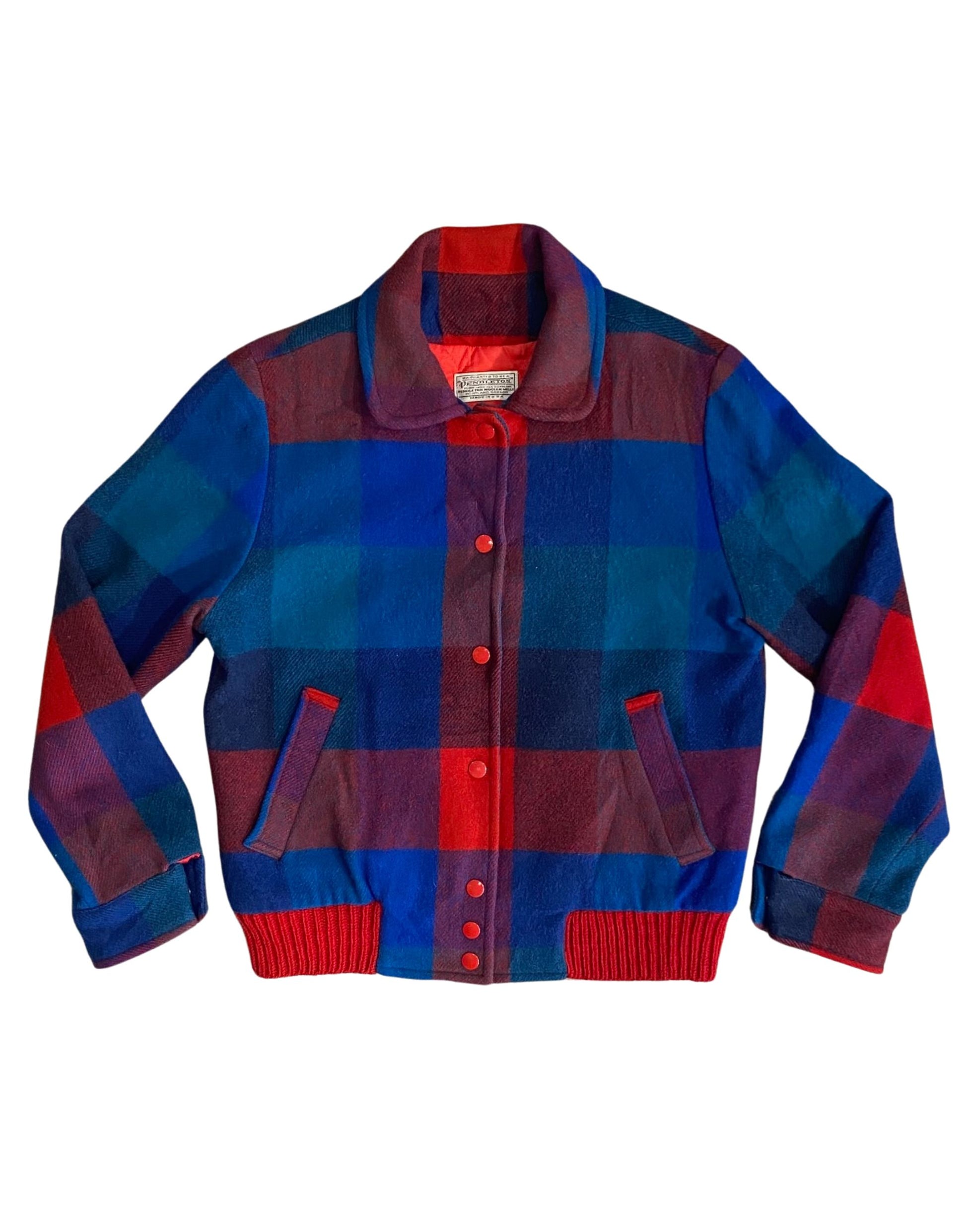 Front view of vintage Pendleton multicolored plaid wool jacket.