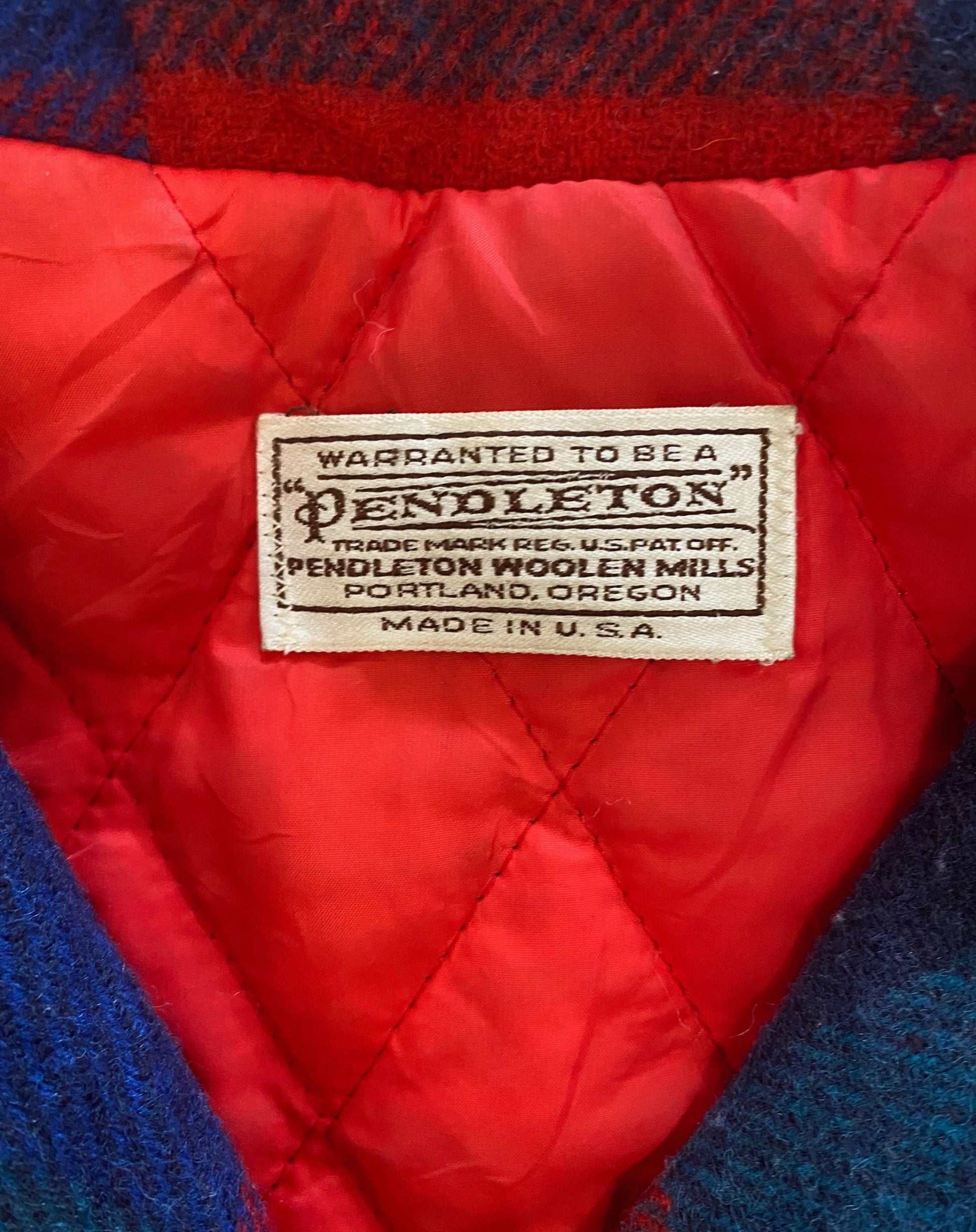 Close-up of Pendleton Woolen Mills label, Made in USA.