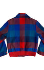 Back view of 1970s Pendleton wool jacket in red, blue, and teal.