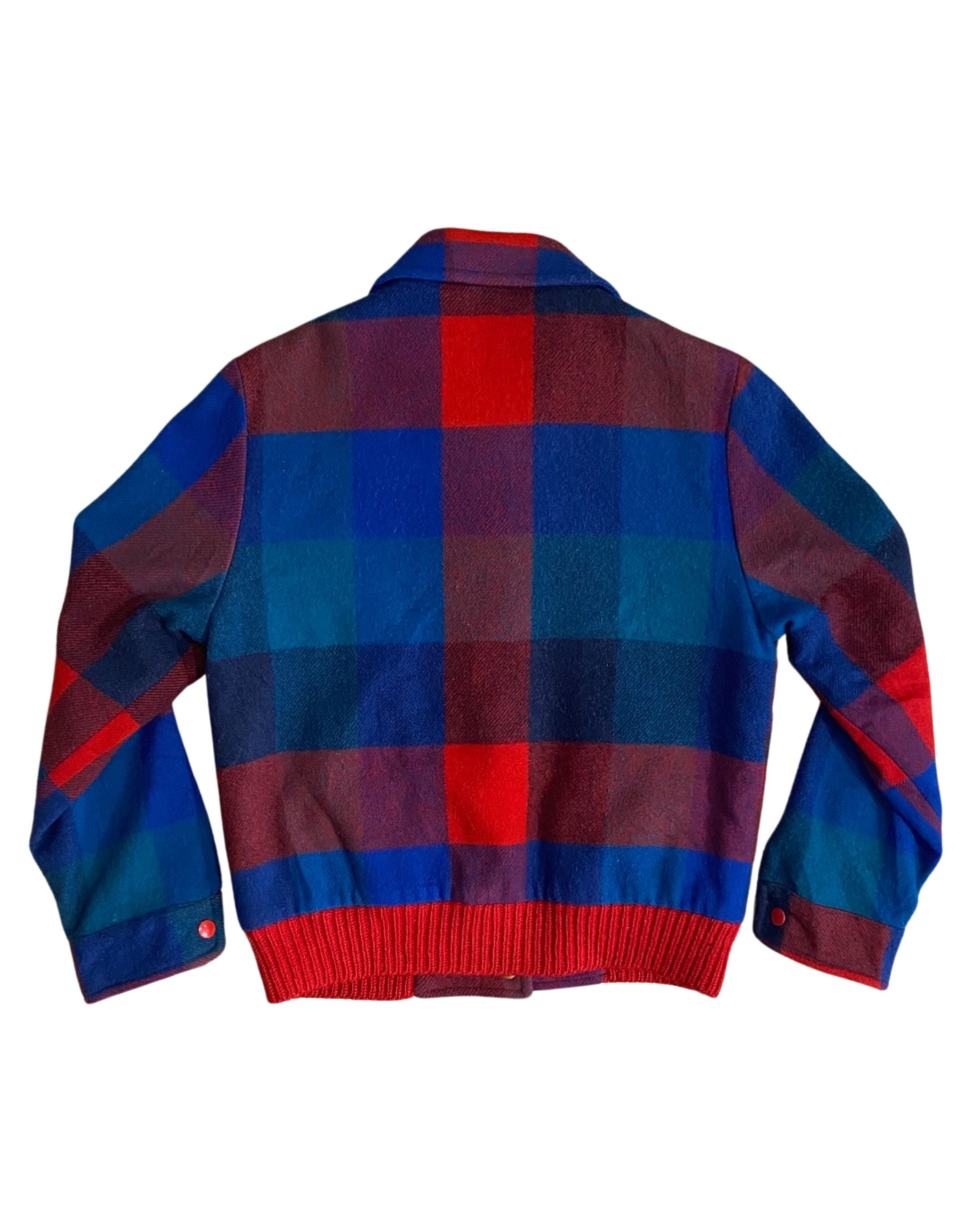 Back view of 1970s Pendleton wool jacket in red, blue, and teal.