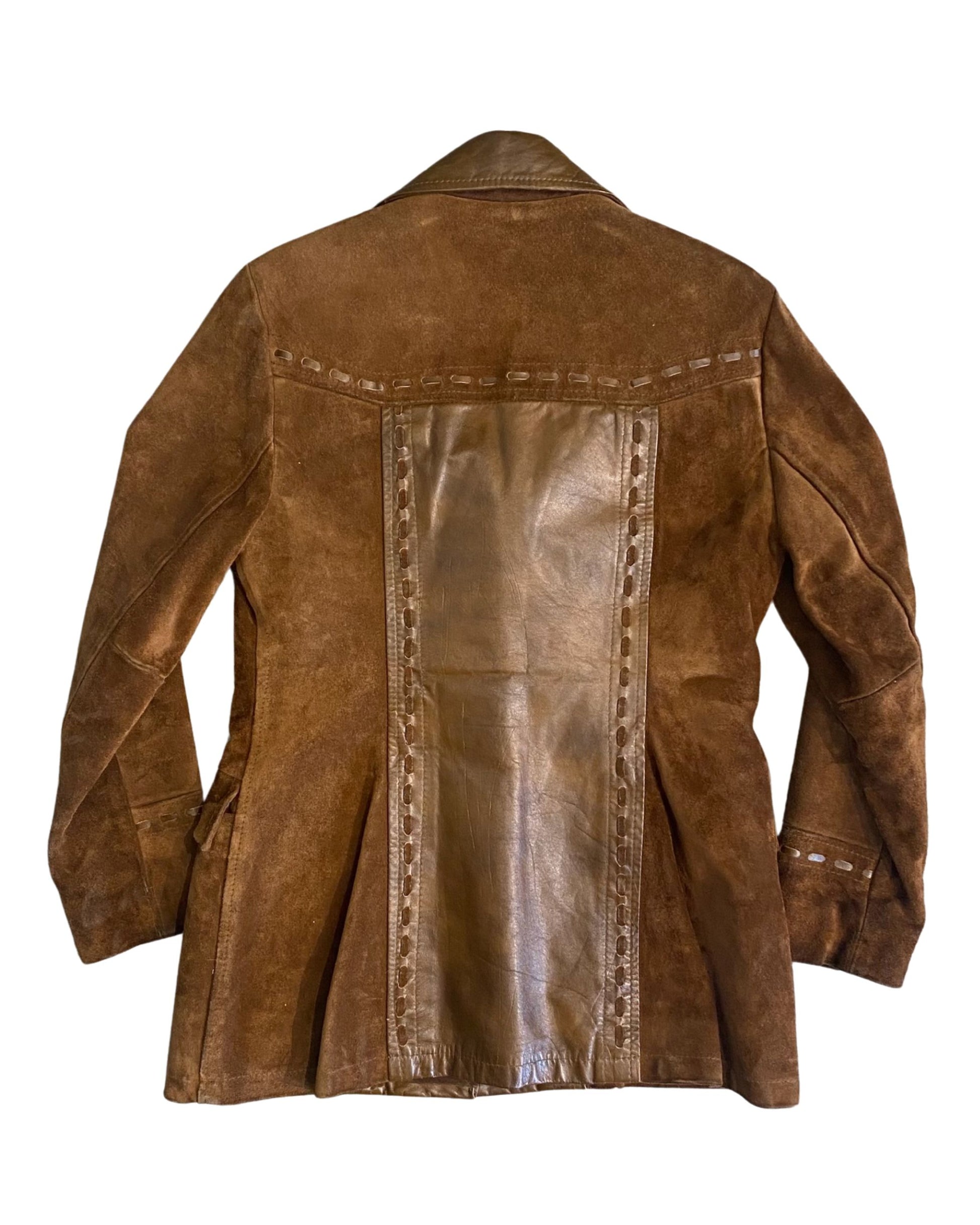 Front view of 1970s Pioneer Wear women's suede and leather jacket.