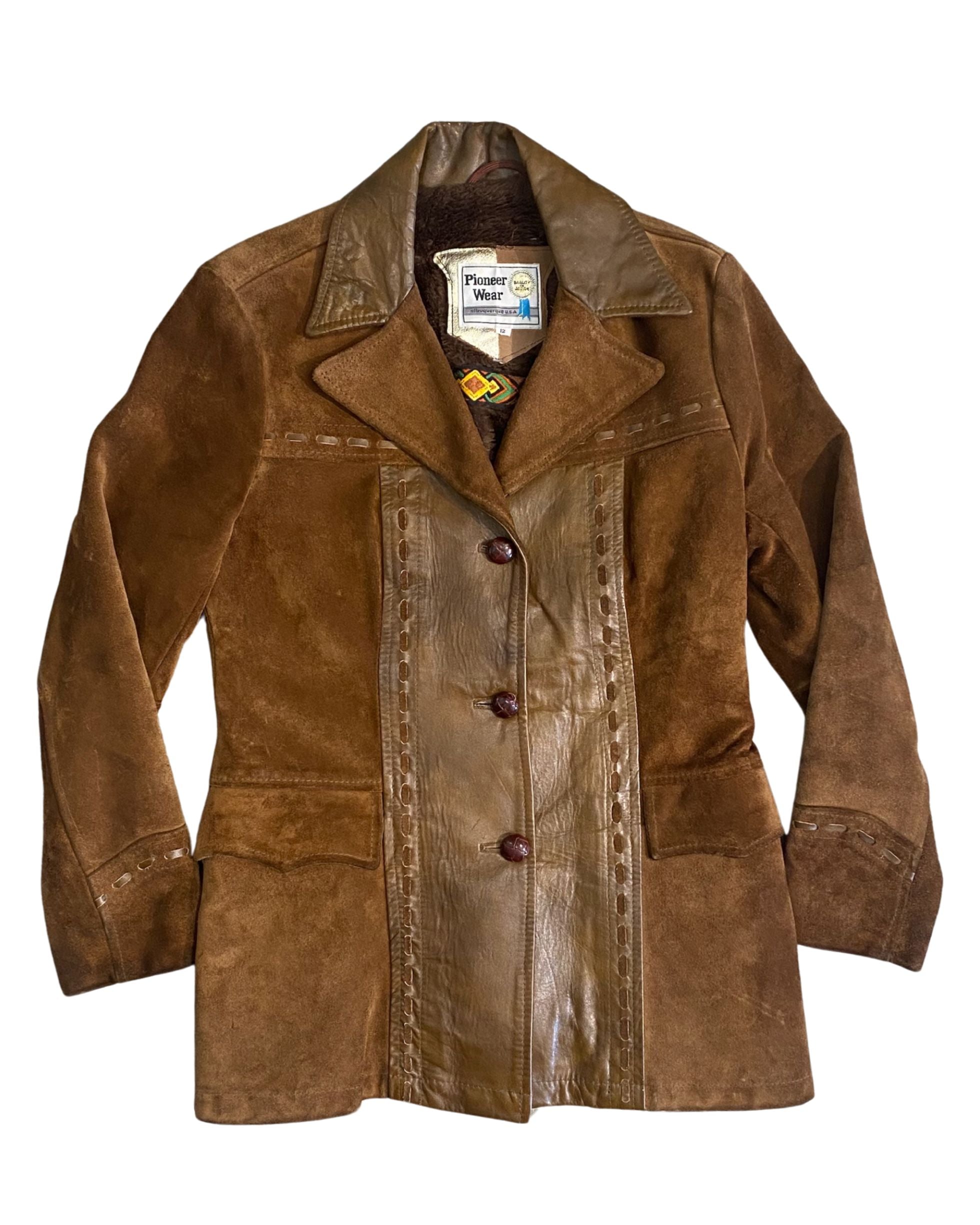 Front view of 1970s Pioneer Wear women's suede and leather jacket.