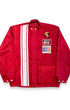 Front view of vintage Porsche Le Mans racing jacket in red with white racing stripes and patches.
