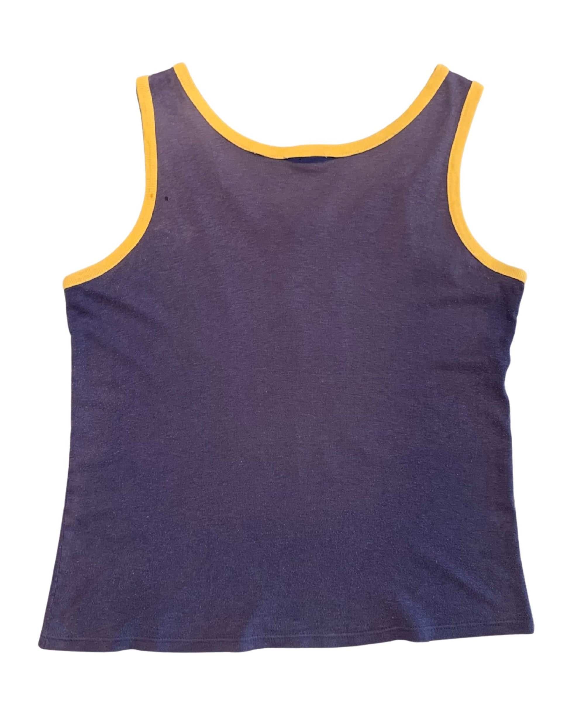 Back view of a faded purple sleeveless tank top with gold binding around the neckline and armholes.
