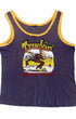Front view of a faded purple tank top with gold trim and a large multicolor R. Crumb “Truckin’ On Down the Line” graphic.