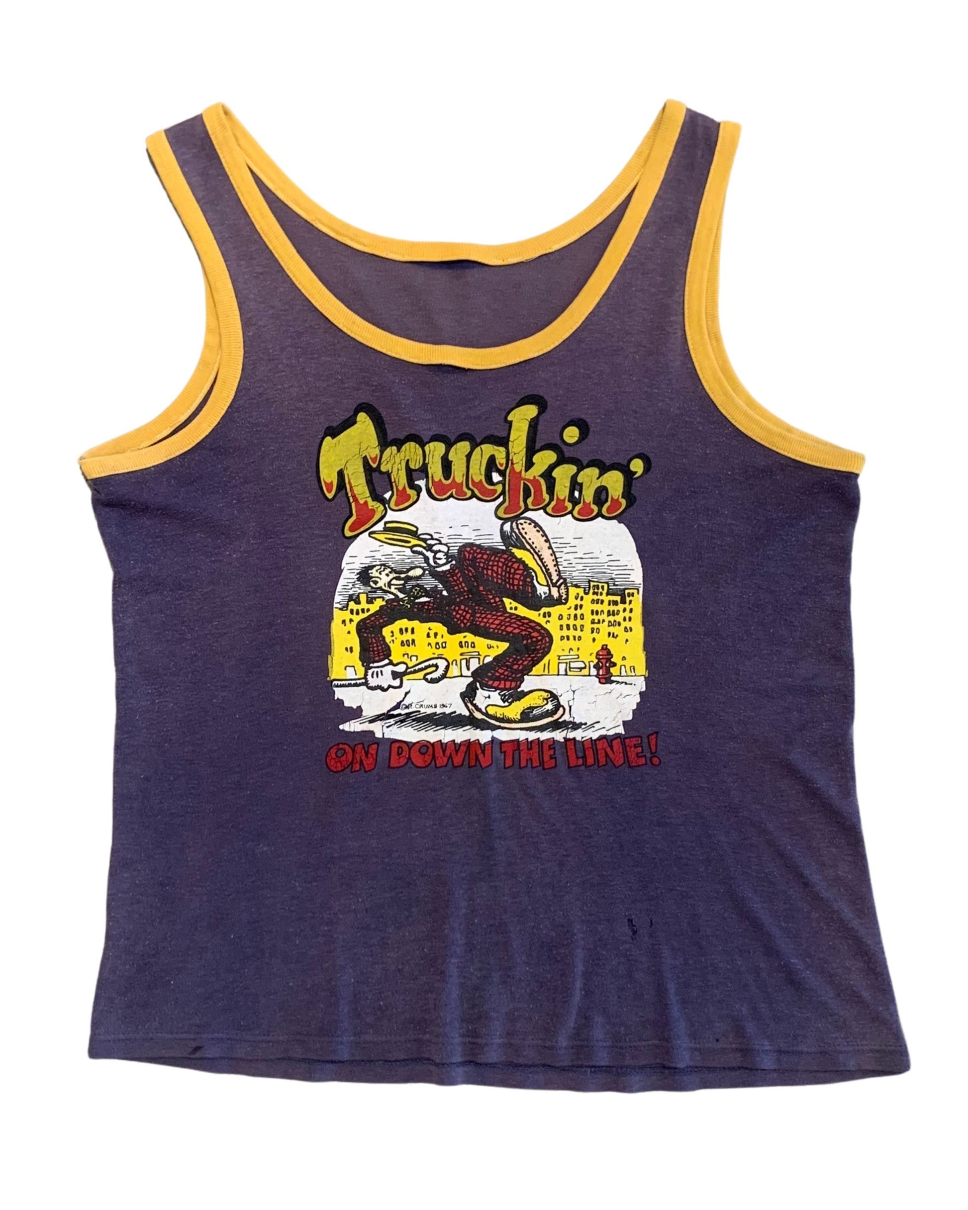 Front view of a faded purple tank top with gold trim and a large multicolor R. Crumb “Truckin’ On Down the Line” graphic.