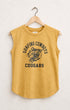 Yellow sleeveless shirt with 'Sureng Cowboys Cougars' text and graphic on a hanger against a light background