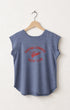 Blue sleeveless shirt with red text on a hanger against a white background