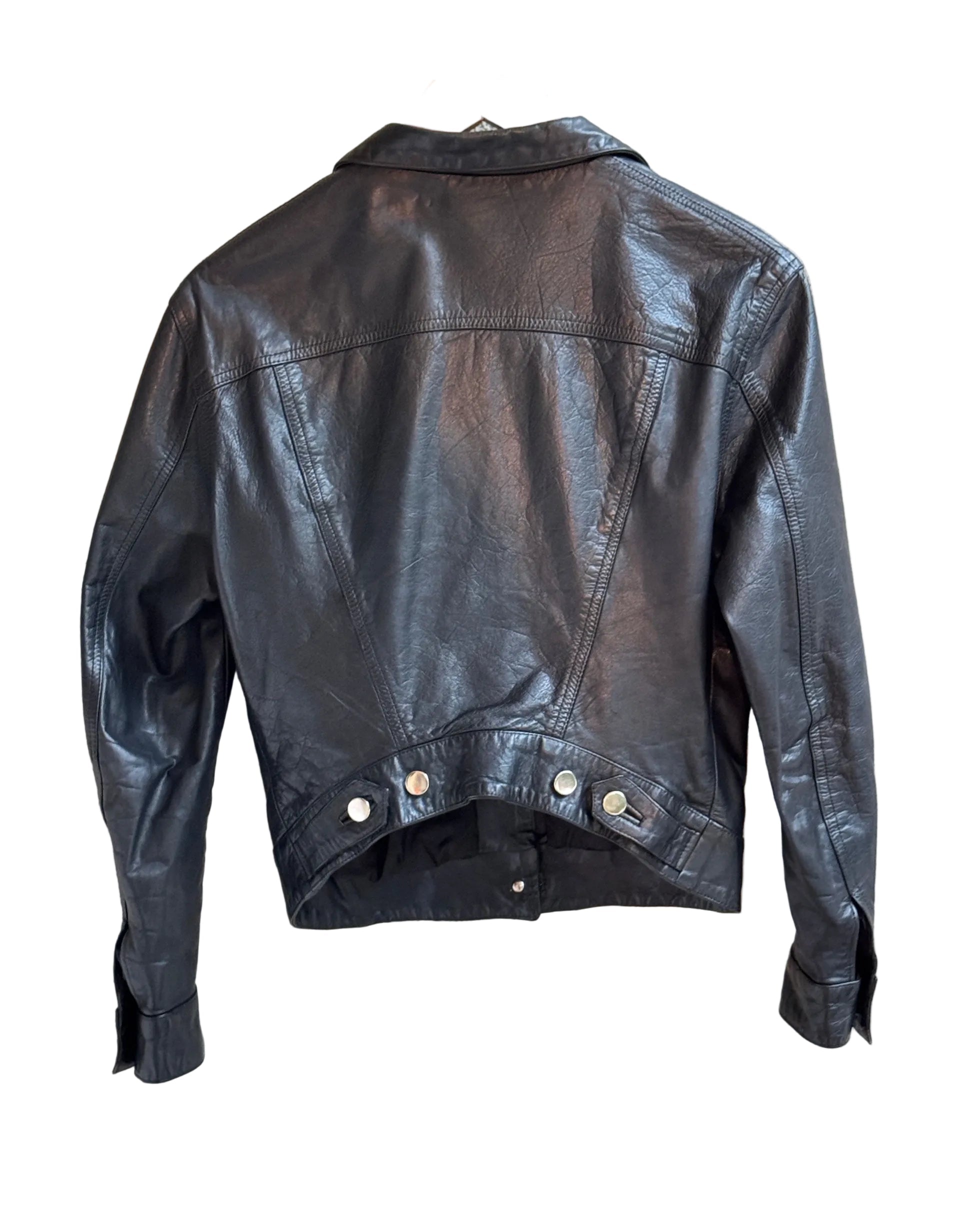 Rare Katherine Hamnett Black Leather Jacket 1980s Vintage England Back on Hanger.