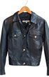 Rare Katherine Hamnett Black Leather Jacket 1980s Vintage England Front on Hanger.