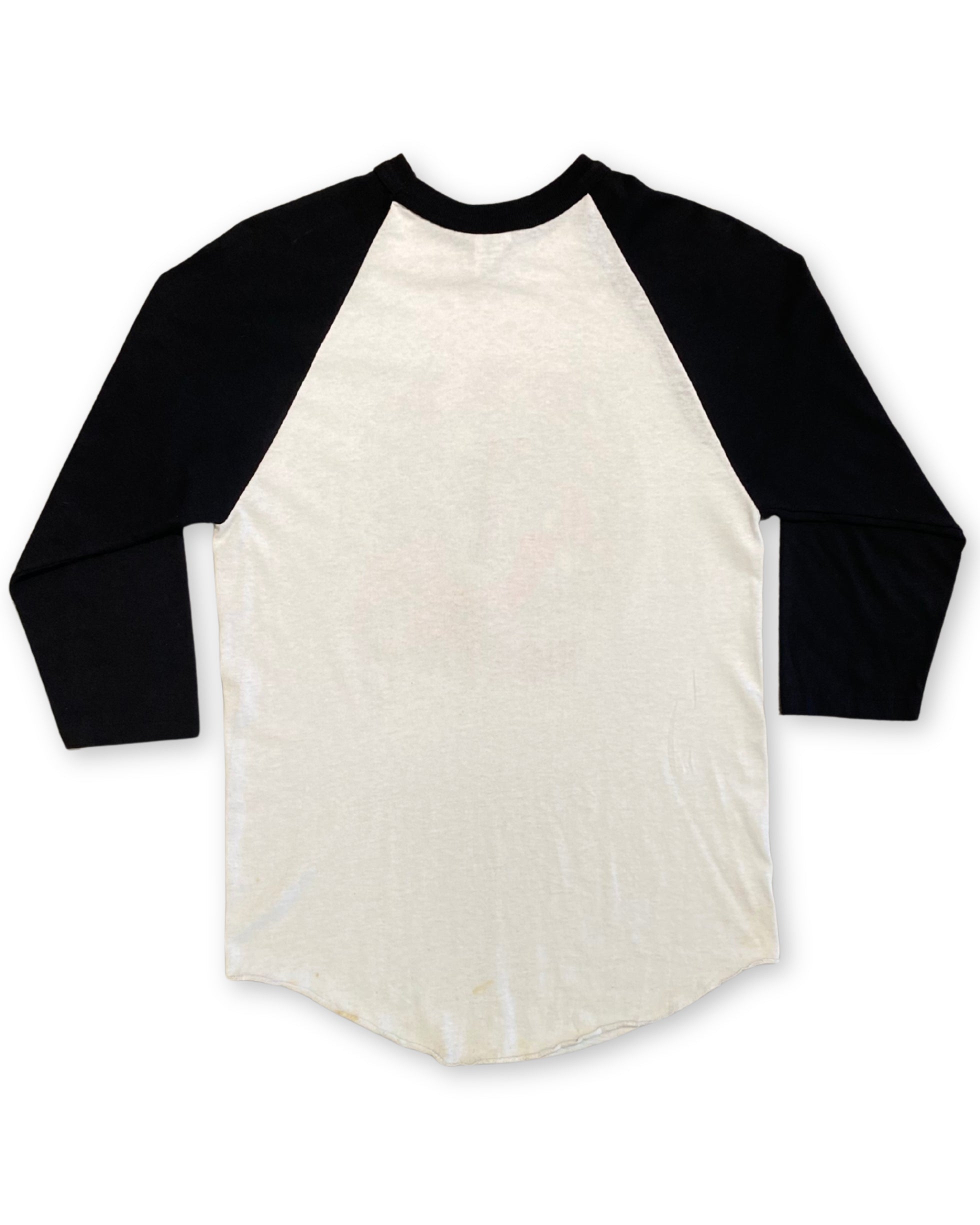 Pain unprinted back of Rat’s Hole Take To The Highway 1975 black and white raglan T-shirt with colorful chopper motorcycle graphic.
