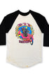 Front of Rat’s Hole Take To The Highway 1975 black and white raglan T-shirt with colorful chopper motorcycle graphic.